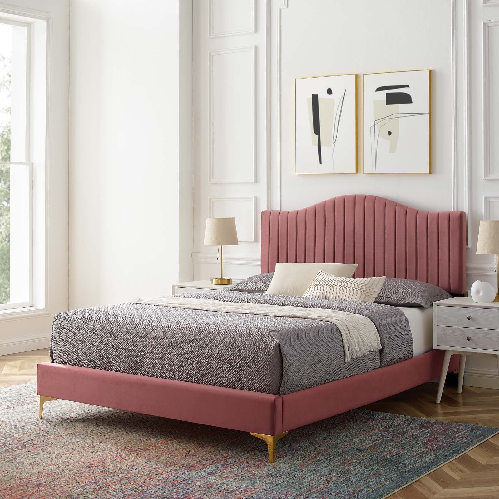 Modway Beds - Juniper-Channel-Tufted-Performance-Velvet-King-Platform-Bed-Dusty-Rose