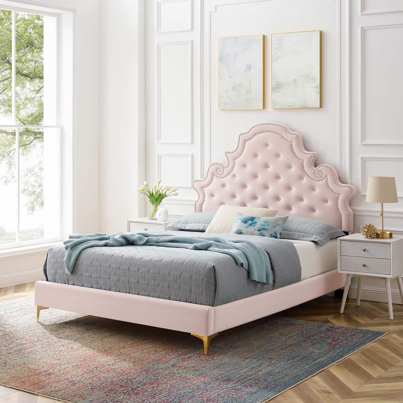 Modway Beds - Gwyneth Tufted Velvet 45"W Twin Platform Bed Pink