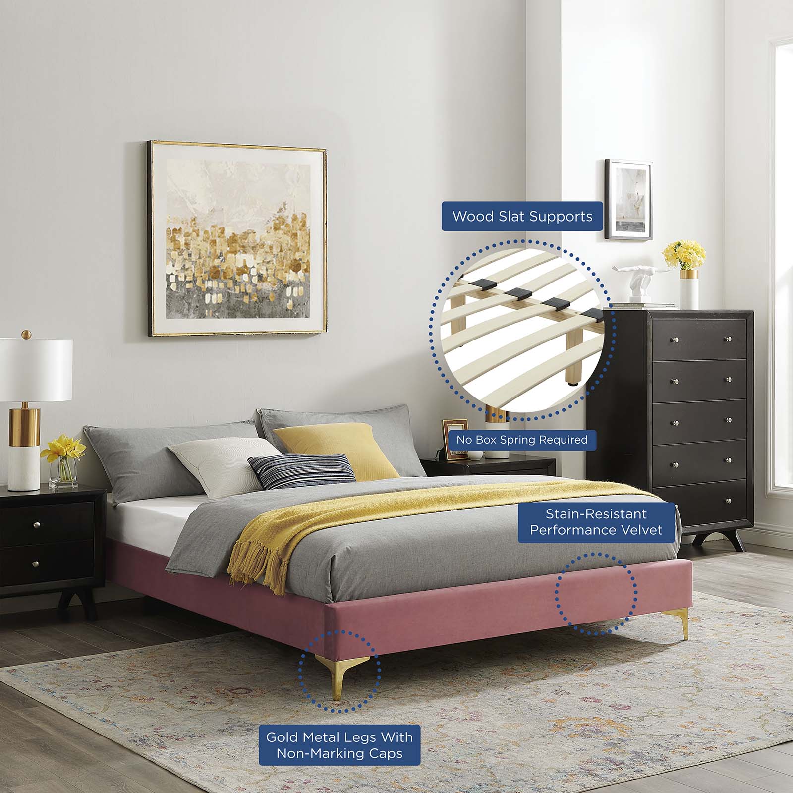 Modway Beds - Novi Performance Velvet Queen Bed Dusty Rose