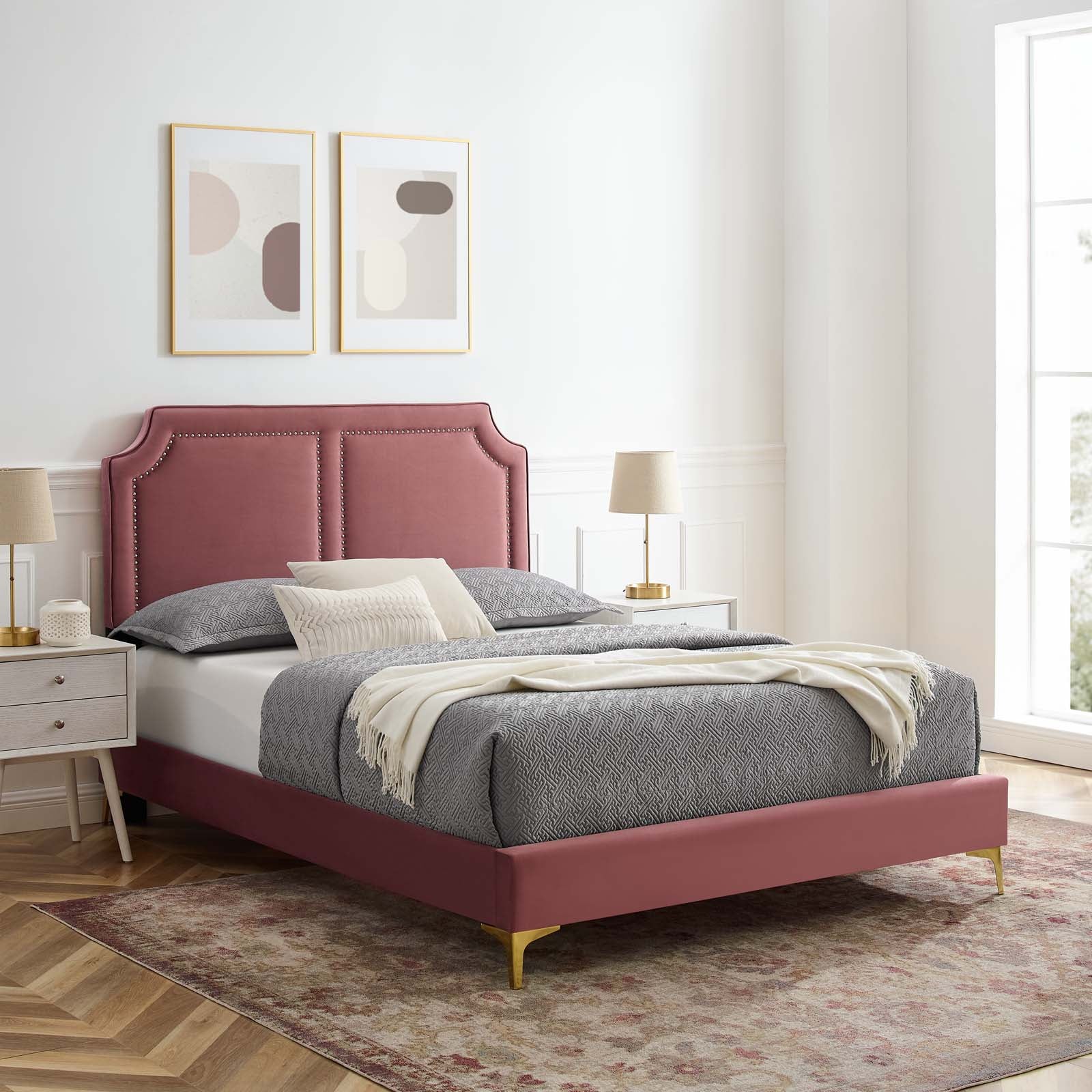Modway Beds - Novi Performance Velvet Queen Bed Dusty Rose