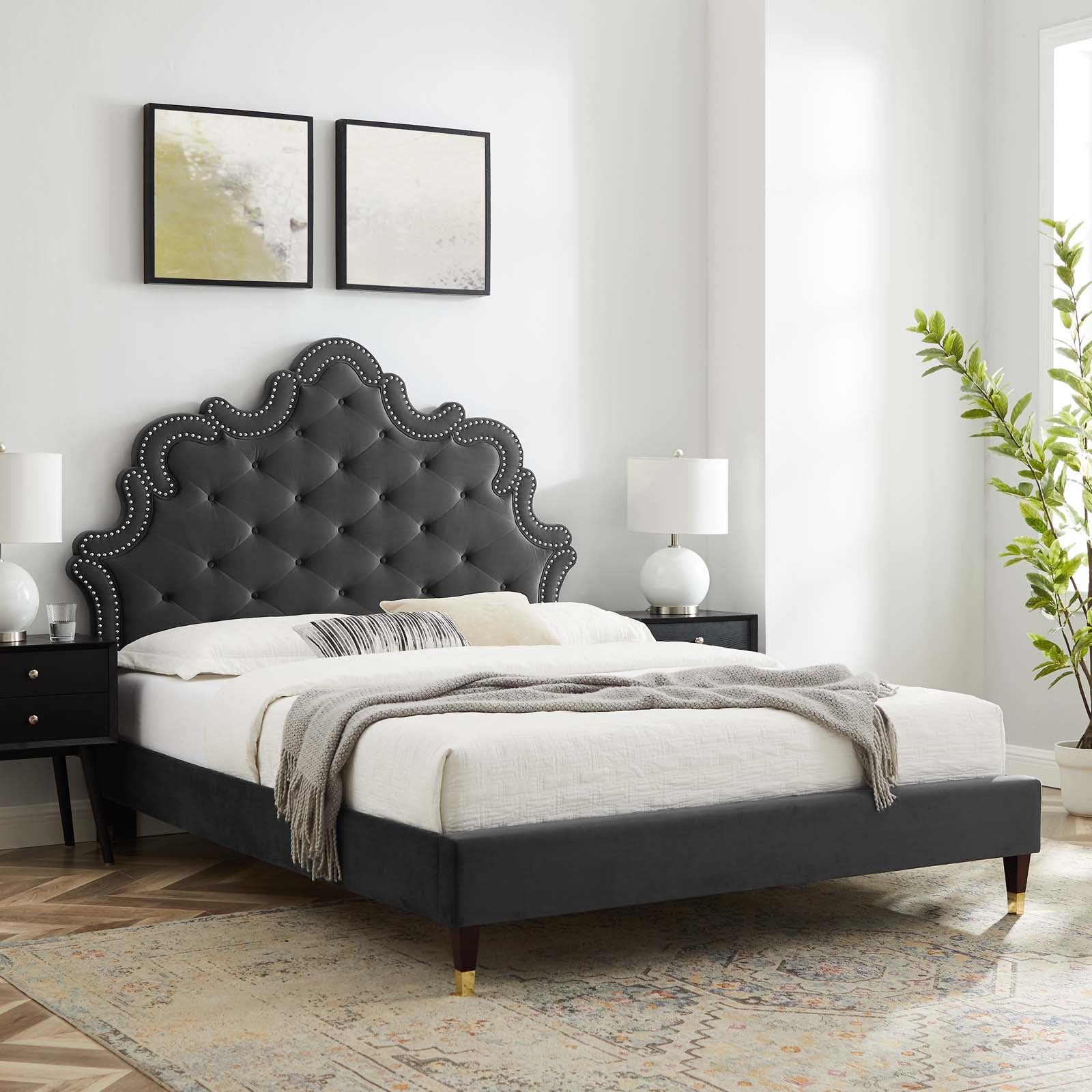 Modway Beds - Sasha Button-Tufted Performance Velvet King Bed Charcoal