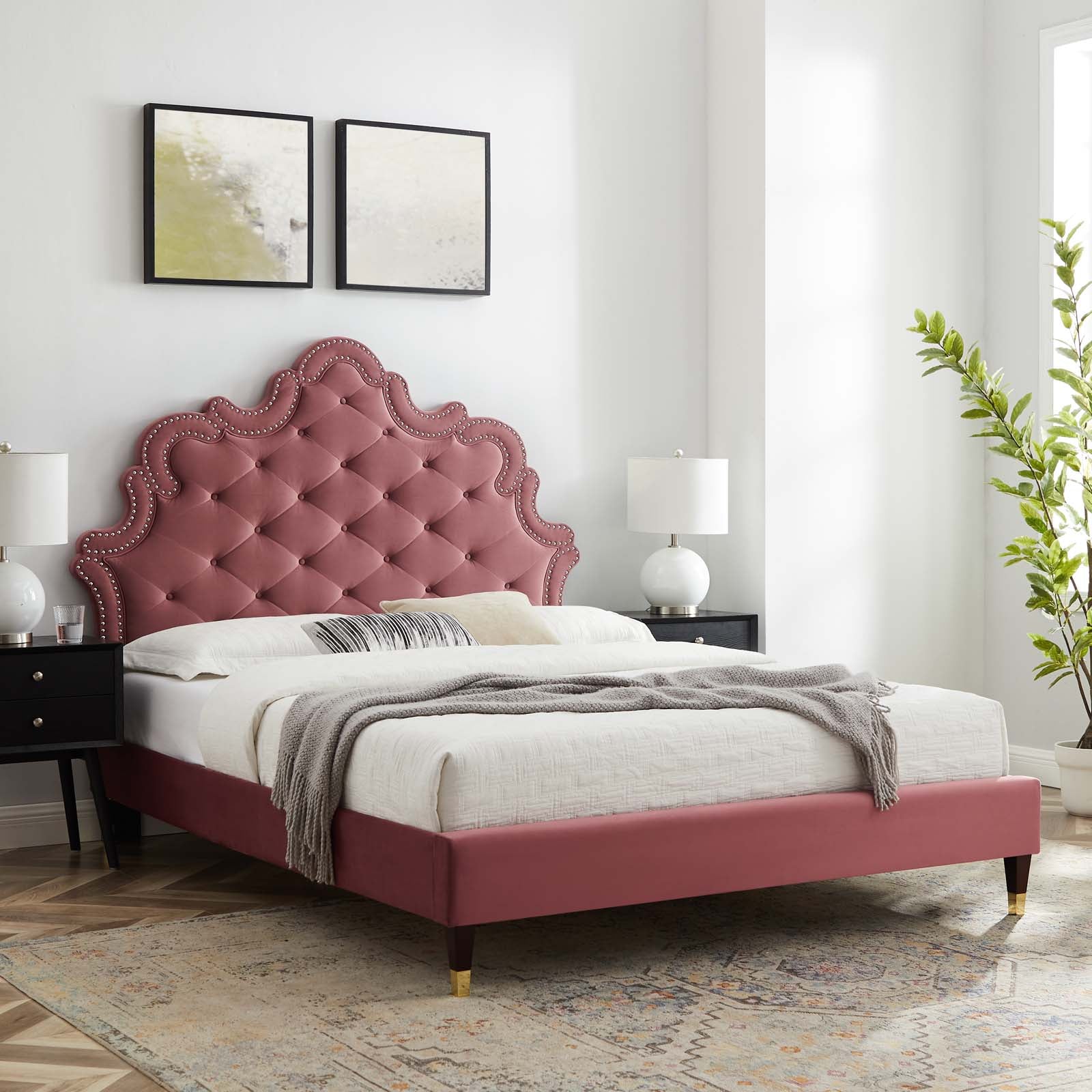 Modway Beds - Sasha Button-Tufted Performance Velvet King Bed Dusty Rose MOD-6837-DUS