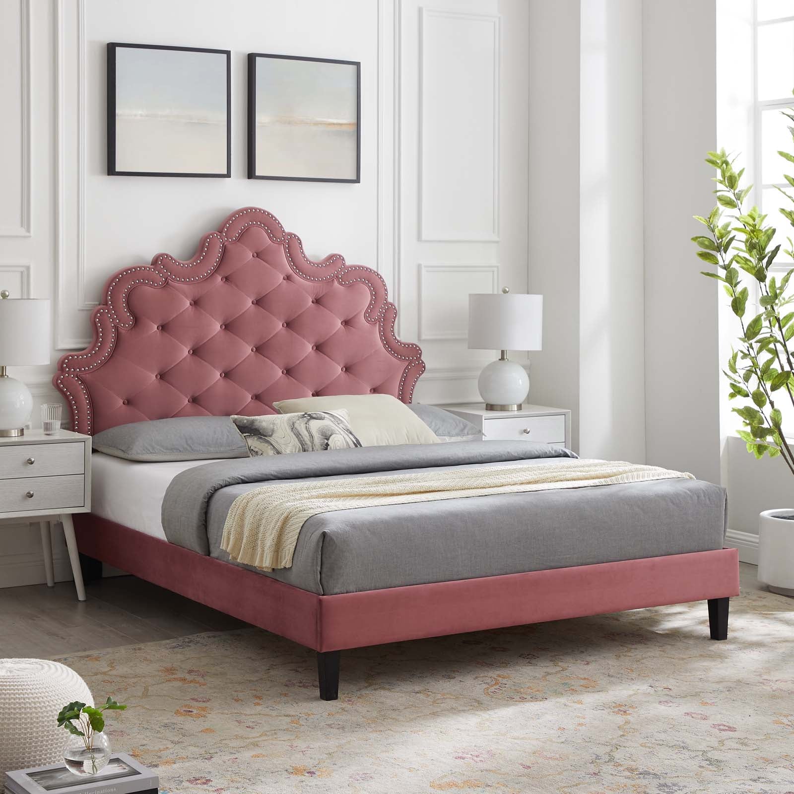 Modway Beds - Sasha Button-Tufted Performance Velvet King Bed Dusty Rose MOD-6842-DUS