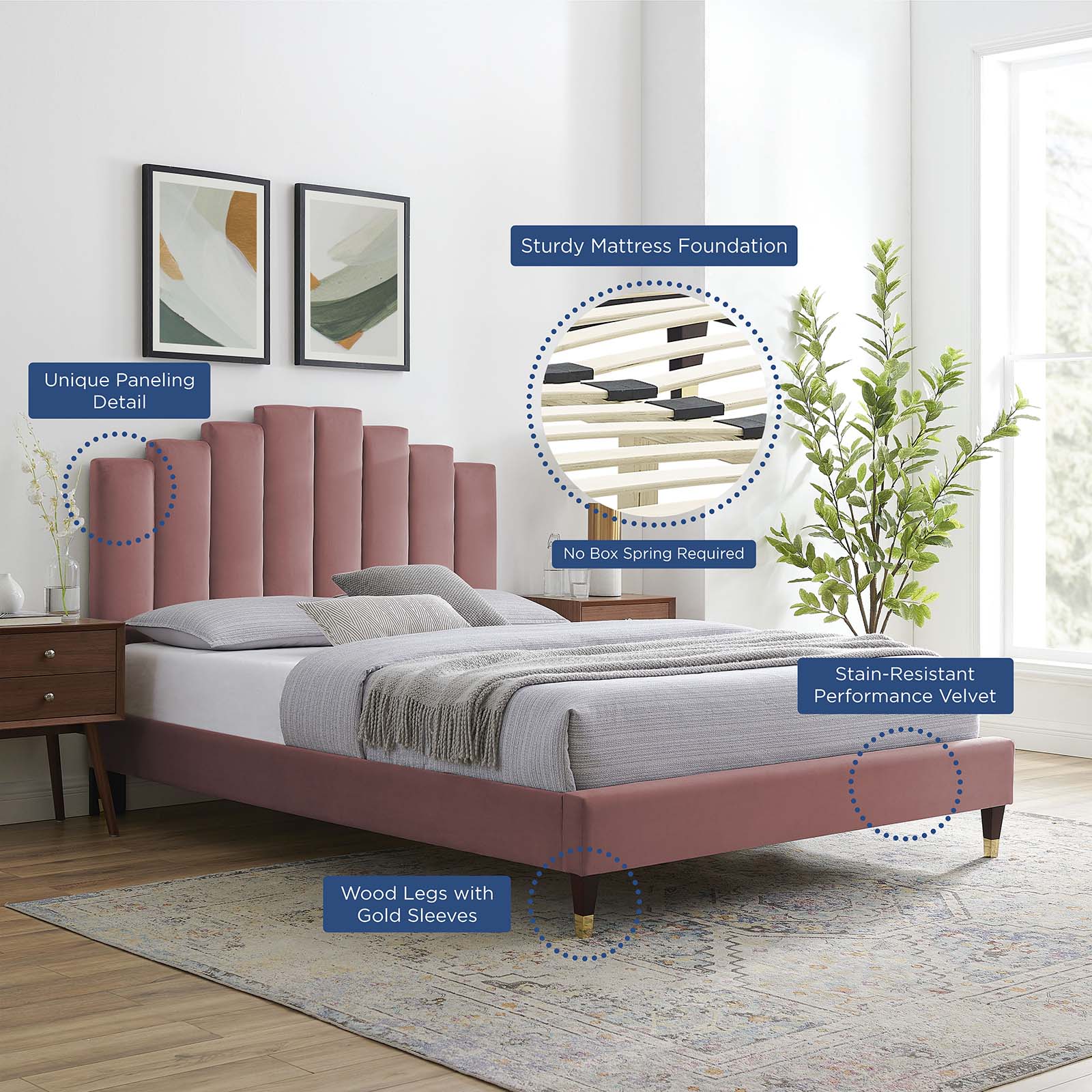 Modway Beds - Elise Full Performance Velvet Bed Dusty Rose