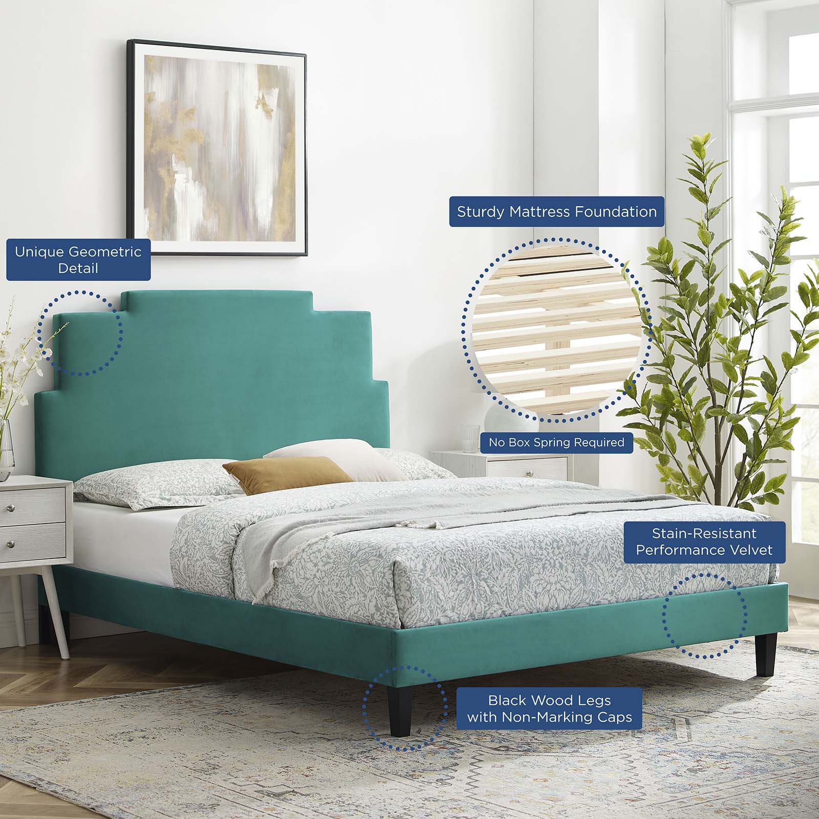 Modway Beds - Lindsey Performance Velvet Twin Platform Bed Teal
