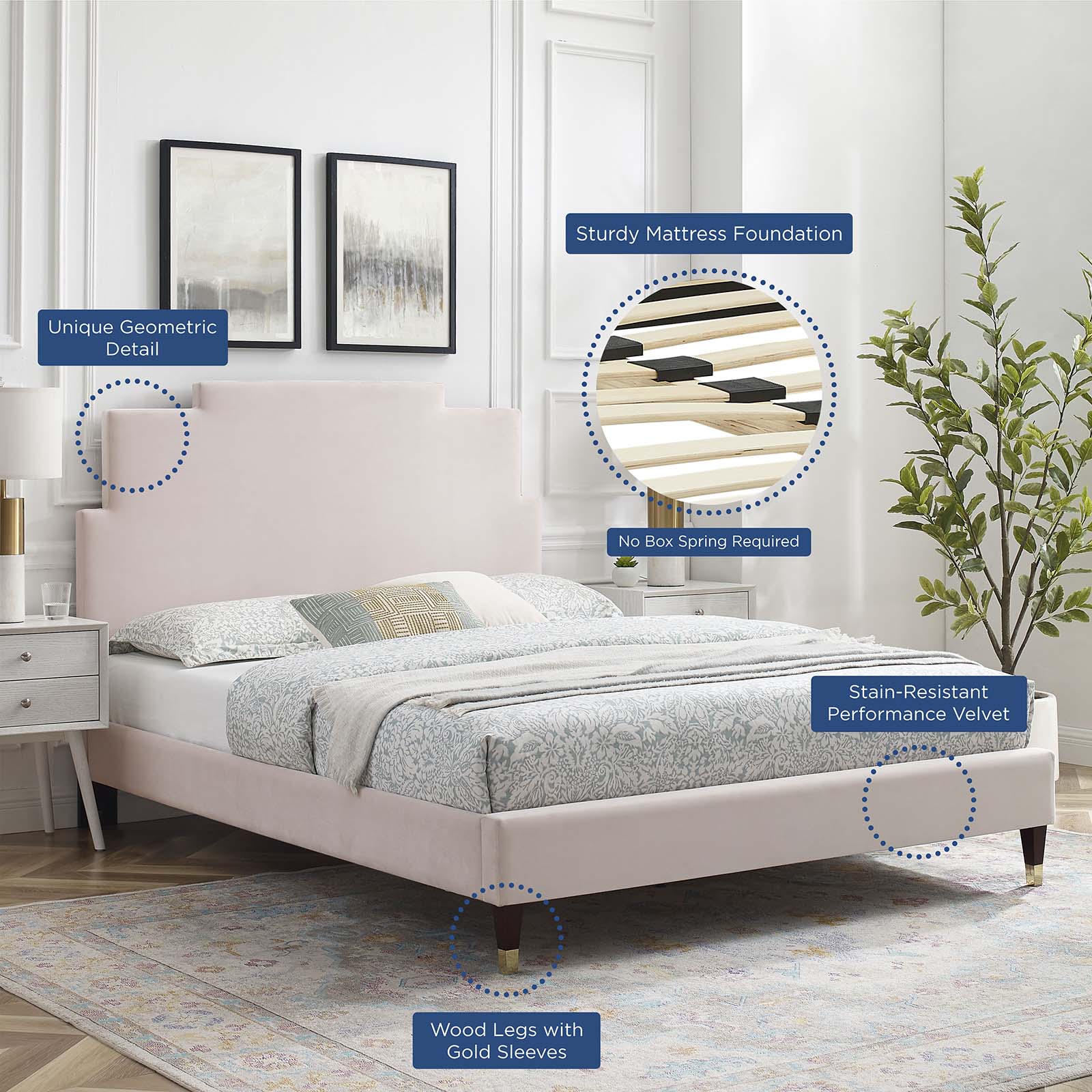Modway Beds - Lindsey Velvet Full Platform Bed Pink