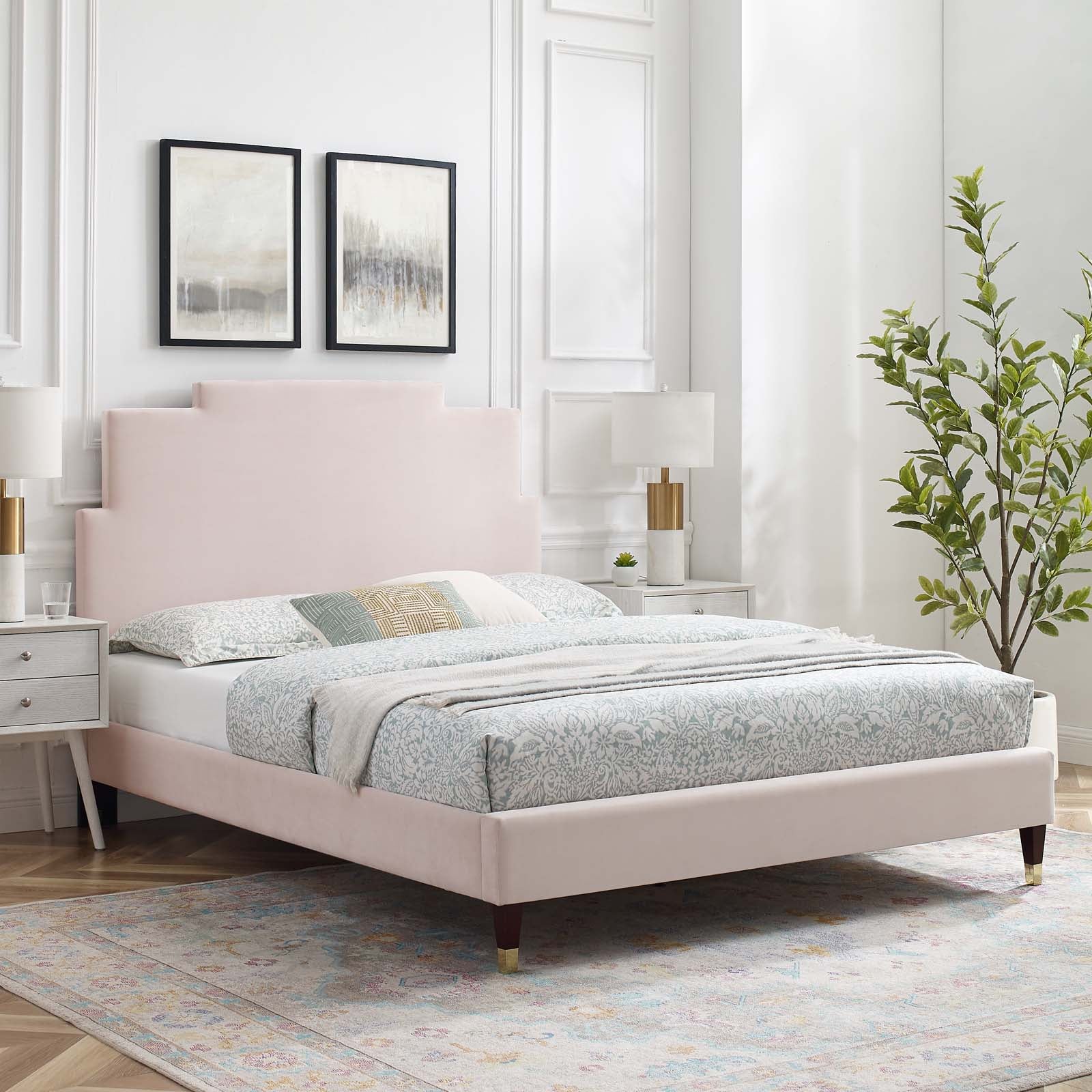 Modway Beds - Lindsey Velvet Full Platform Bed Pink