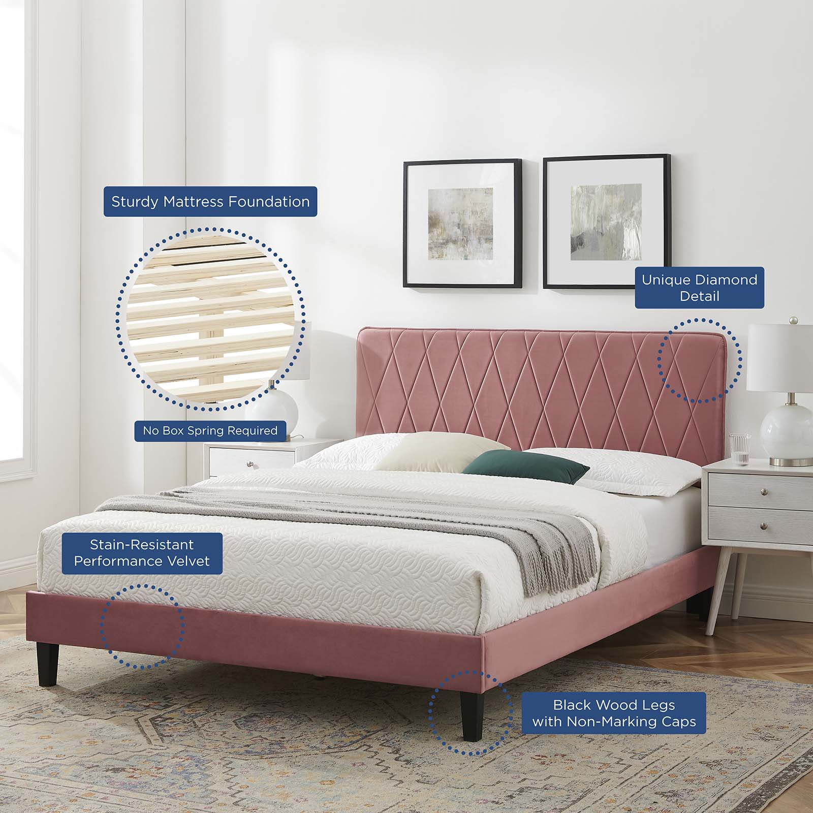 Modway Beds - Phillipa Performance Velvet Full Platform Bed Dusty Rose