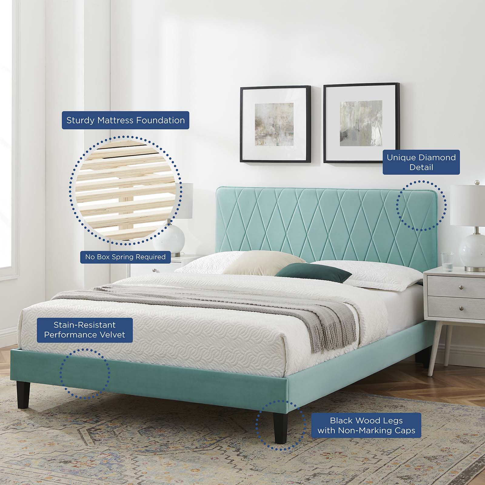 Modway Beds - Phillipa Performance Velvet Full Platform Bed Mint