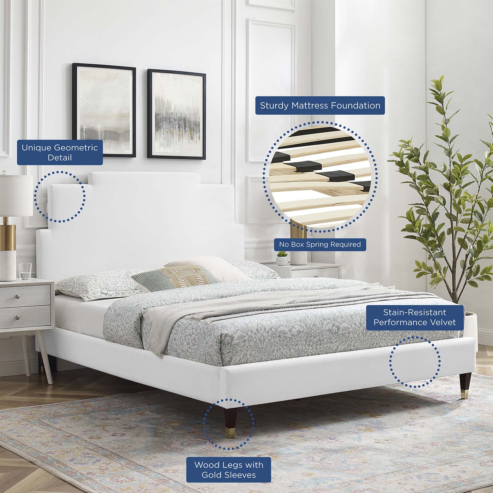 Modway Beds - Lindsey Performance 79"W Velvet King Platform Bed White