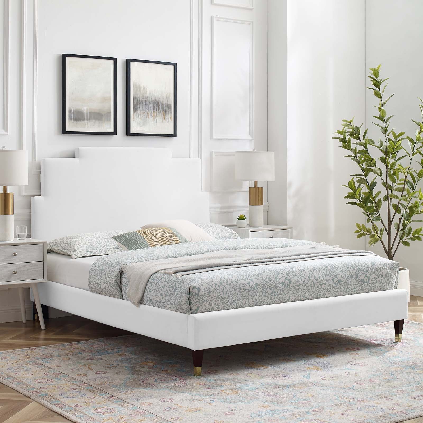 Modway Beds - Lindsey Performance 79"W Velvet King Platform Bed White