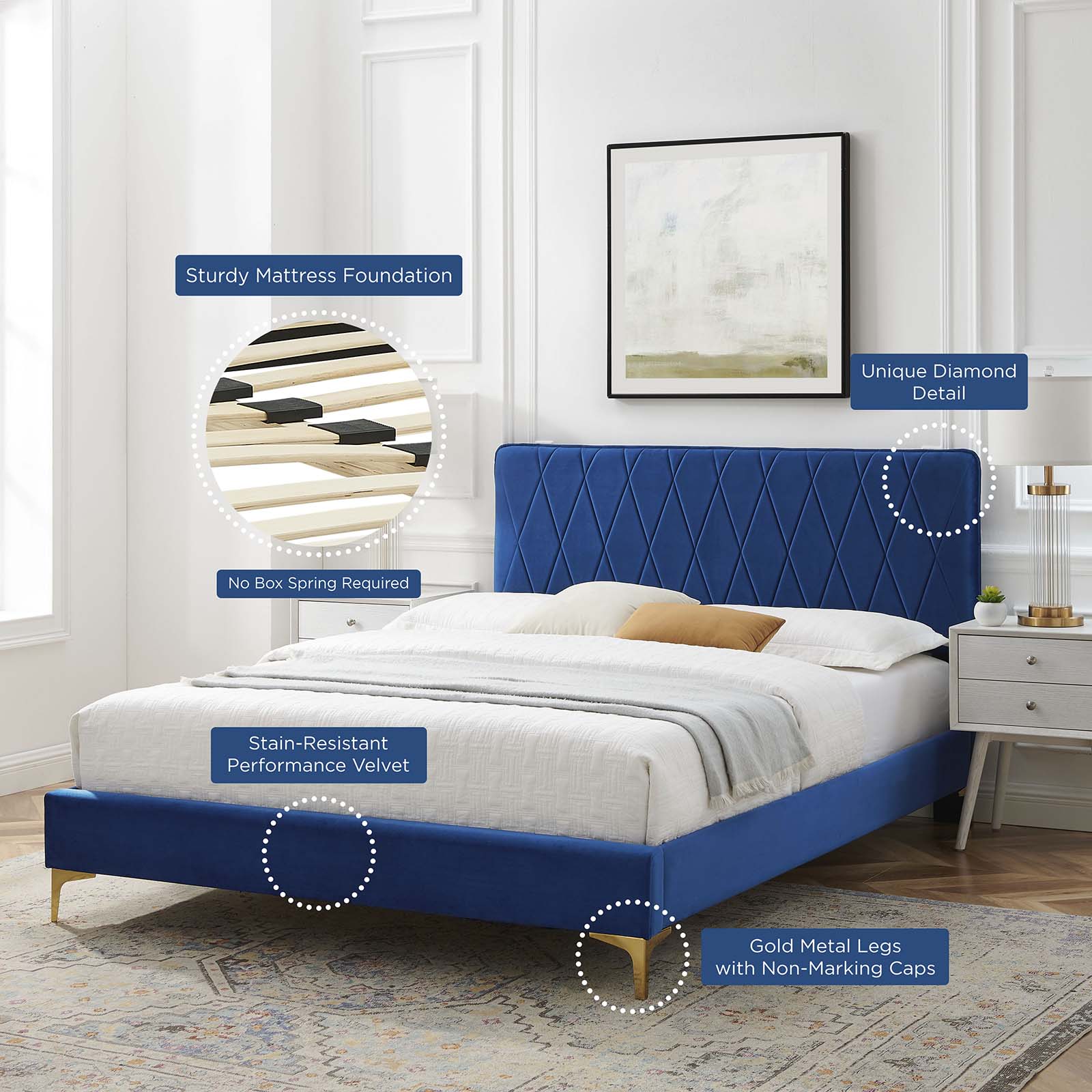 Modway Beds - Phillipa Performance Velvet King 79"W Platform Bed Navy