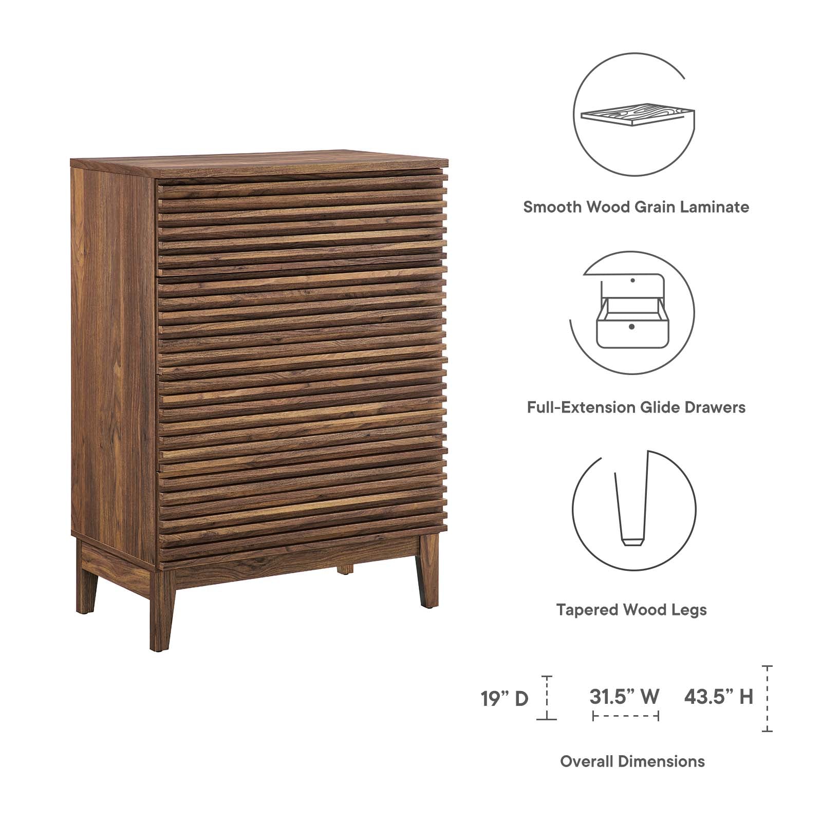 Modway Chest of Drawers - Render 4-Drawer Dresser Chest Walnut