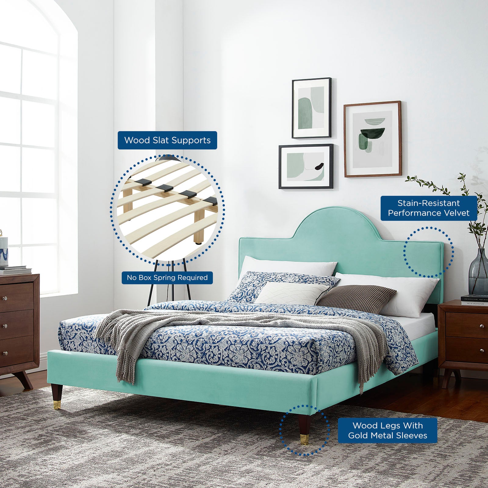 Modway Beds - Aurora Performance Velvet Full Bed Mint
