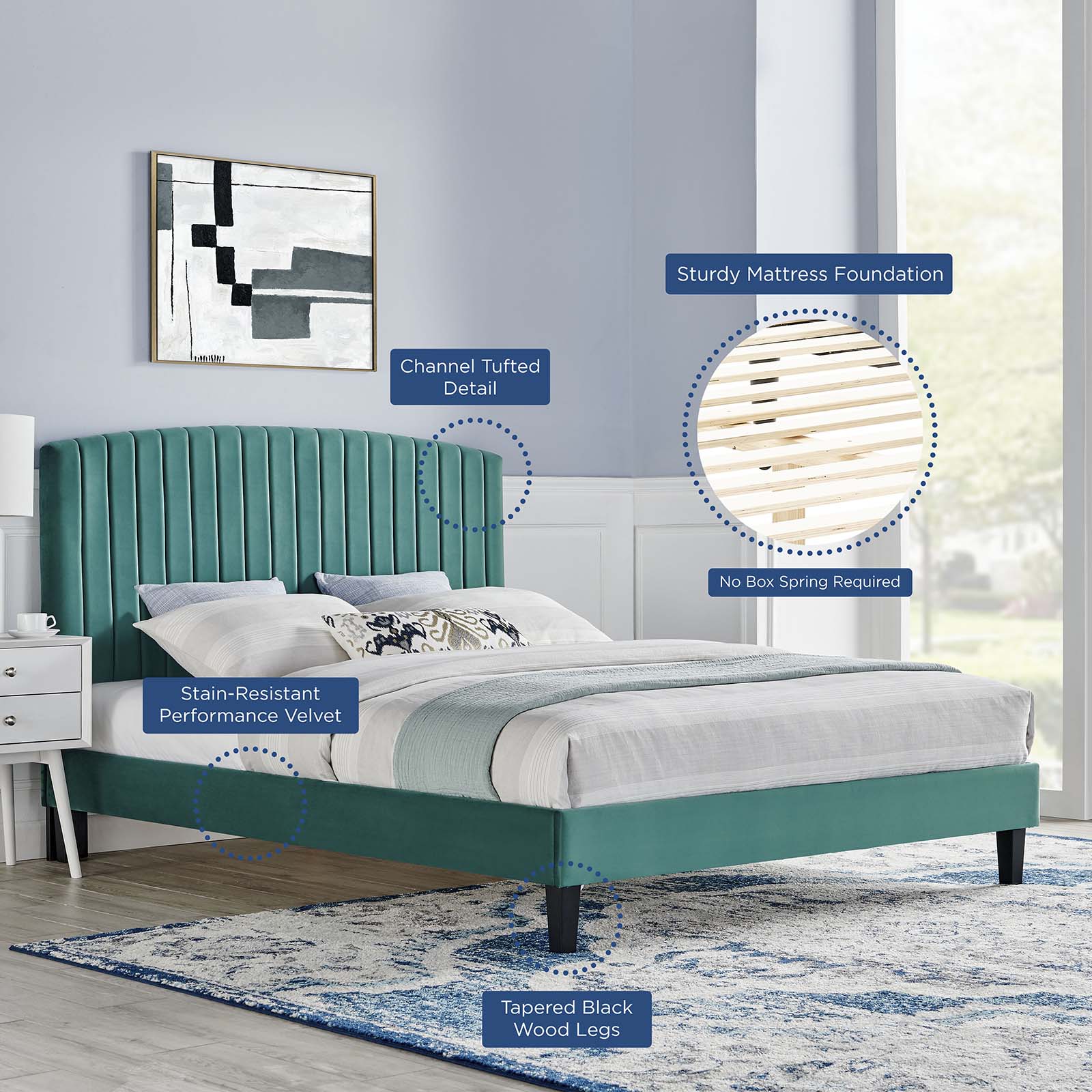 Modway Beds - Alessi Performance Velvet Full Platform Bed Teal