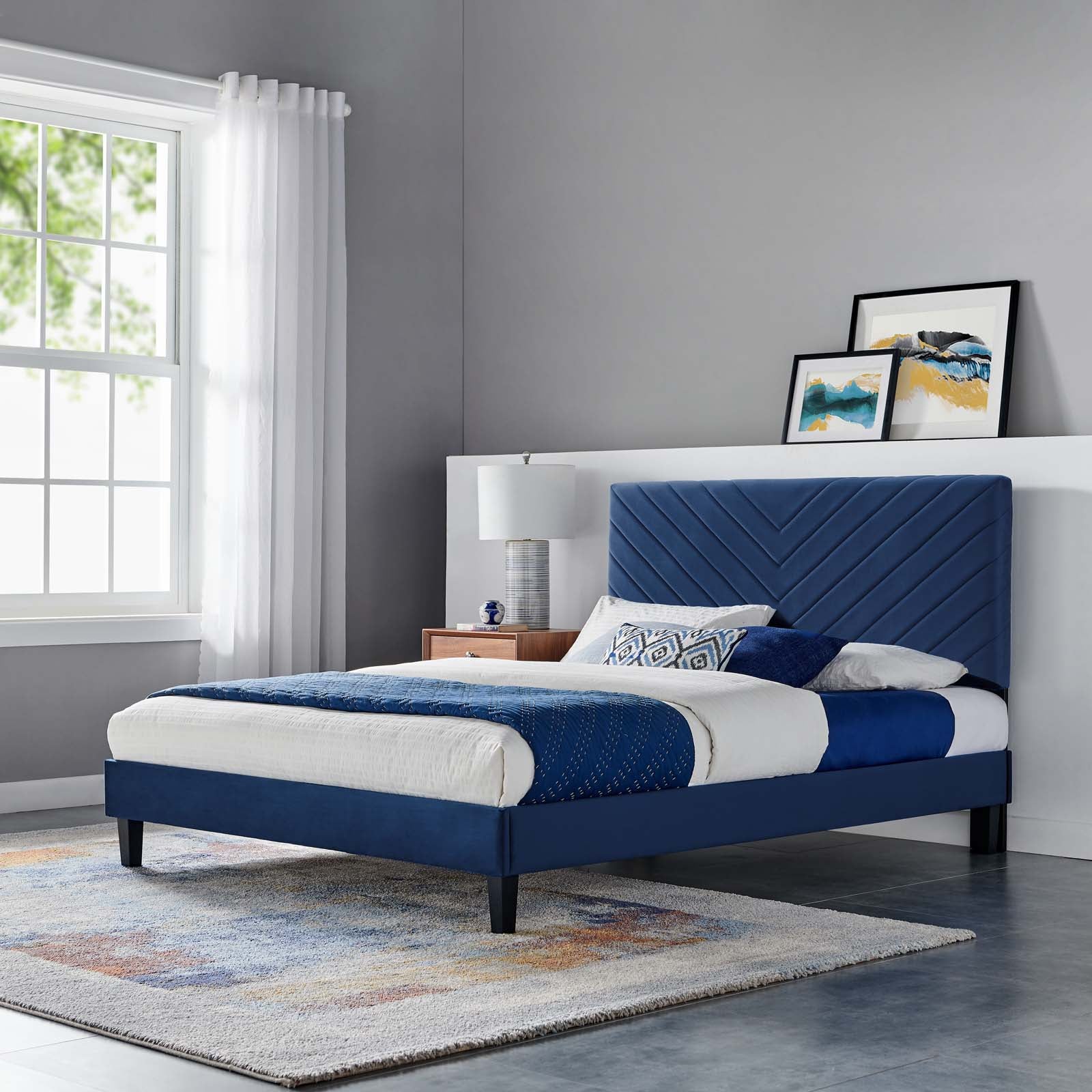 Modway Beds - Roxanne Performance Velvet Full Platform Bed Navy