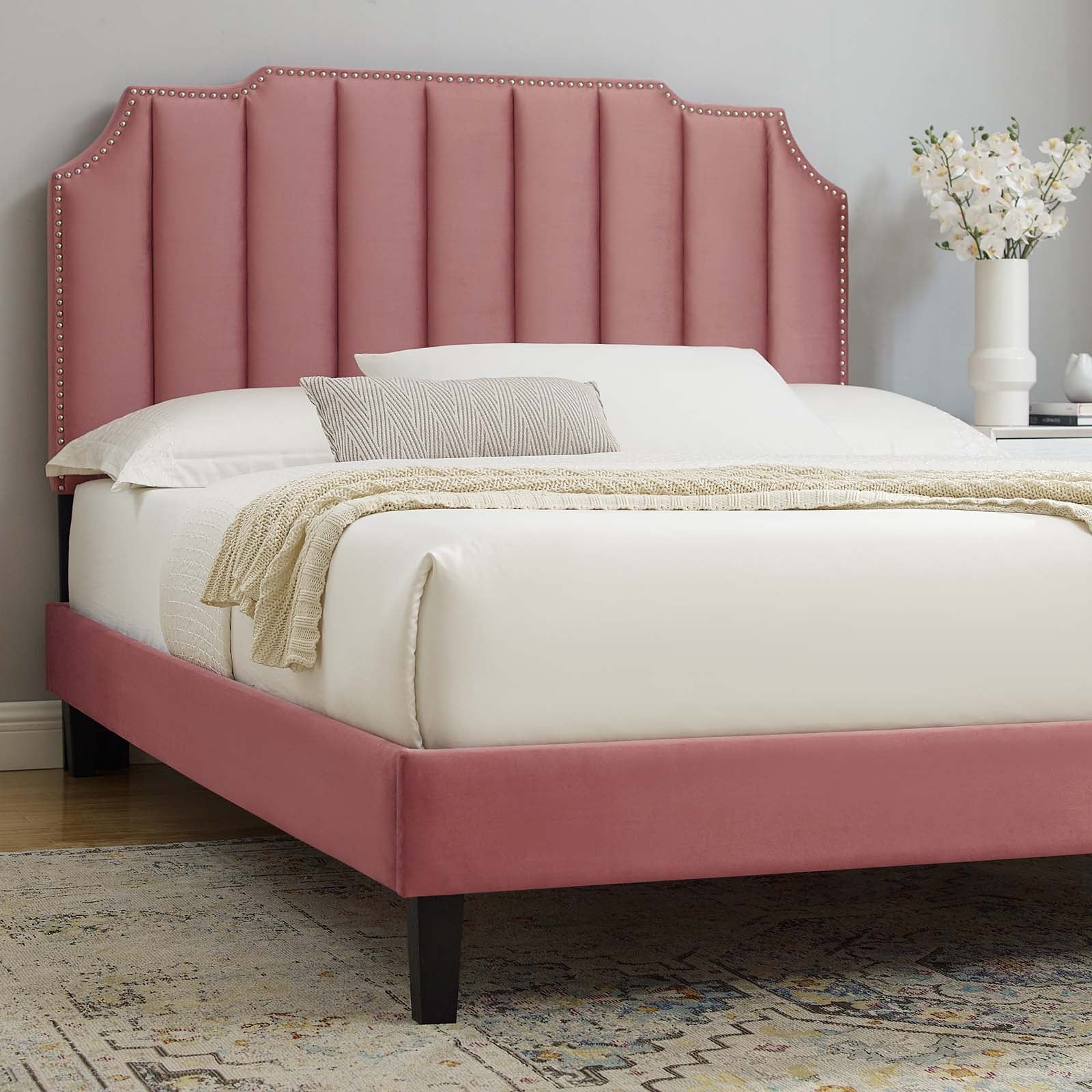 Modway Beds - Colette King Performance Velvet Platform Bed Dusty Rose MOD-7075-DUS