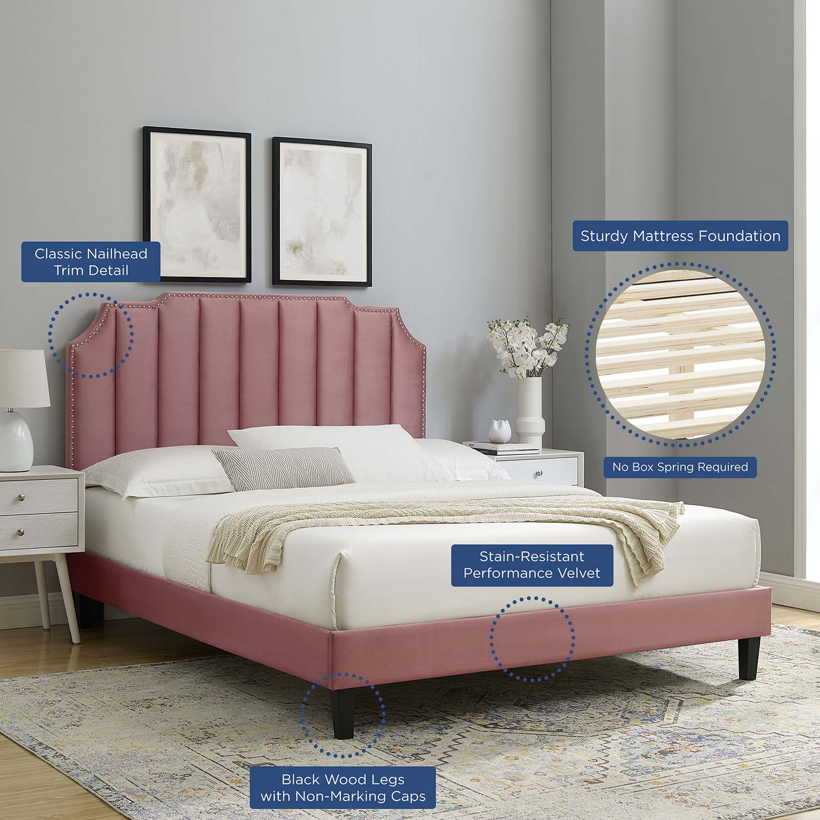 Modway Beds - Colette King Performance Velvet Platform Bed Dusty Rose MOD-7075-DUS