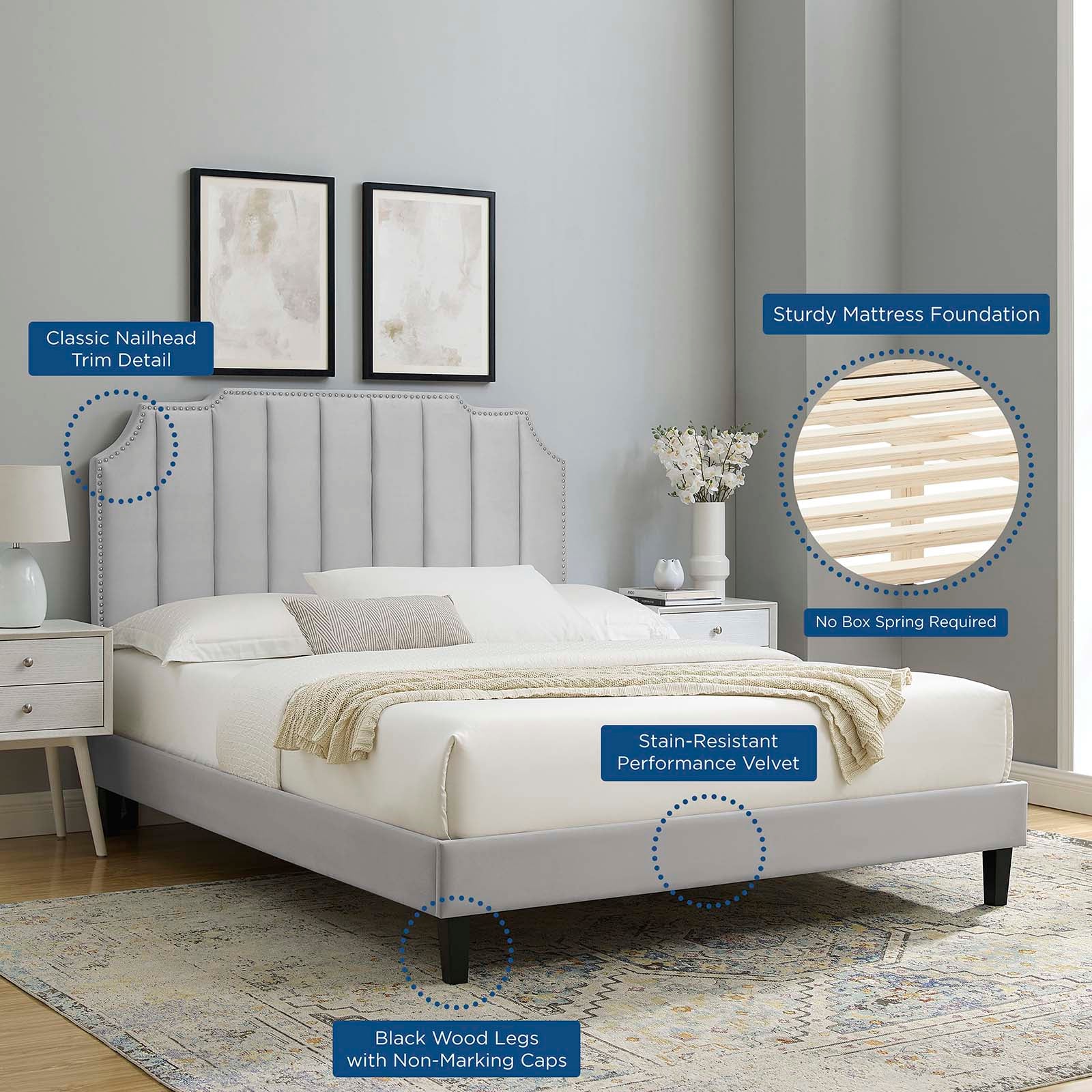 Modway Beds - Colette King Performance Velvet Platform Bed Light Gray MOD-7075-LGR