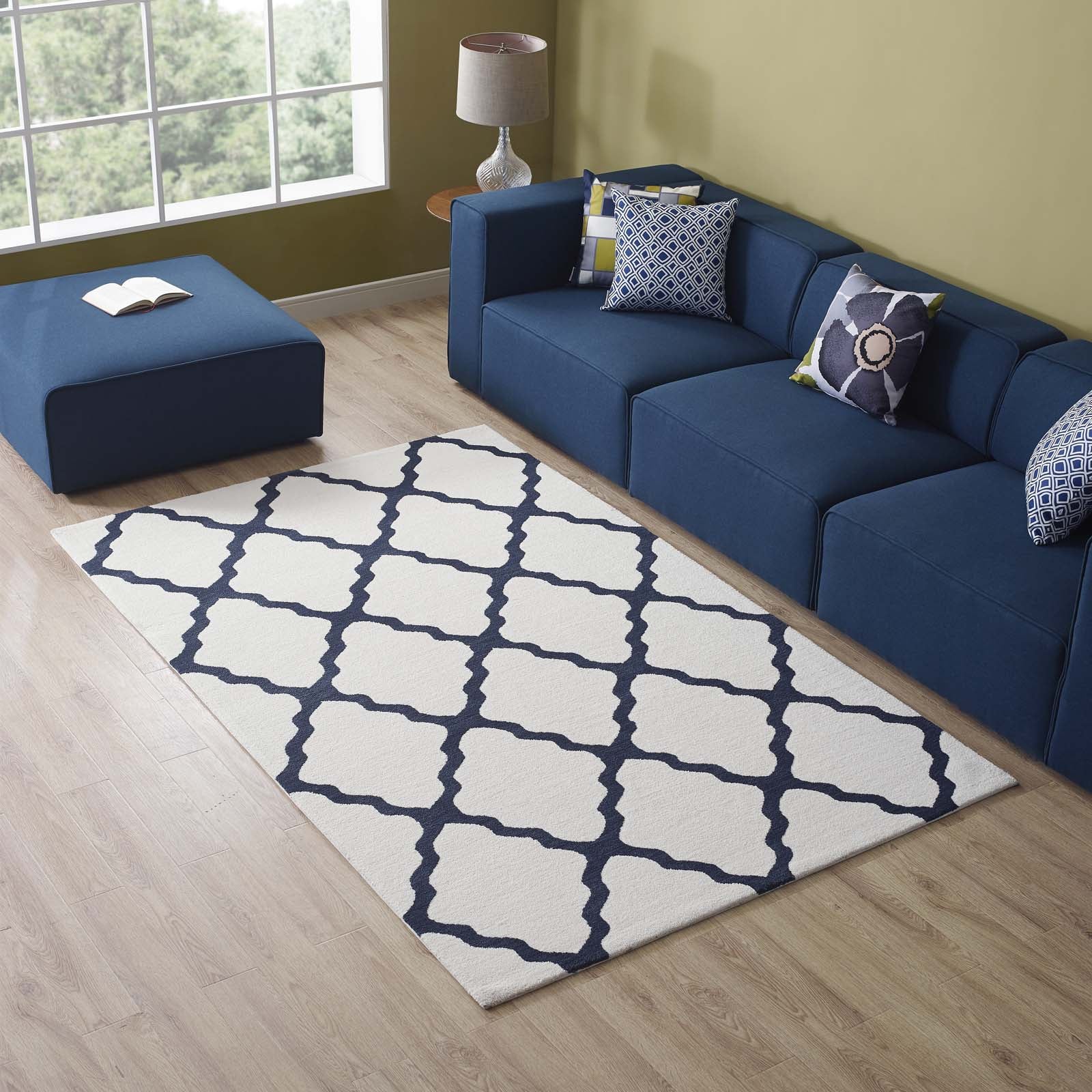 Modway Indoor Rugs - Marja Moroccan Trellis 5x8 Area Rug Ivory & Navy