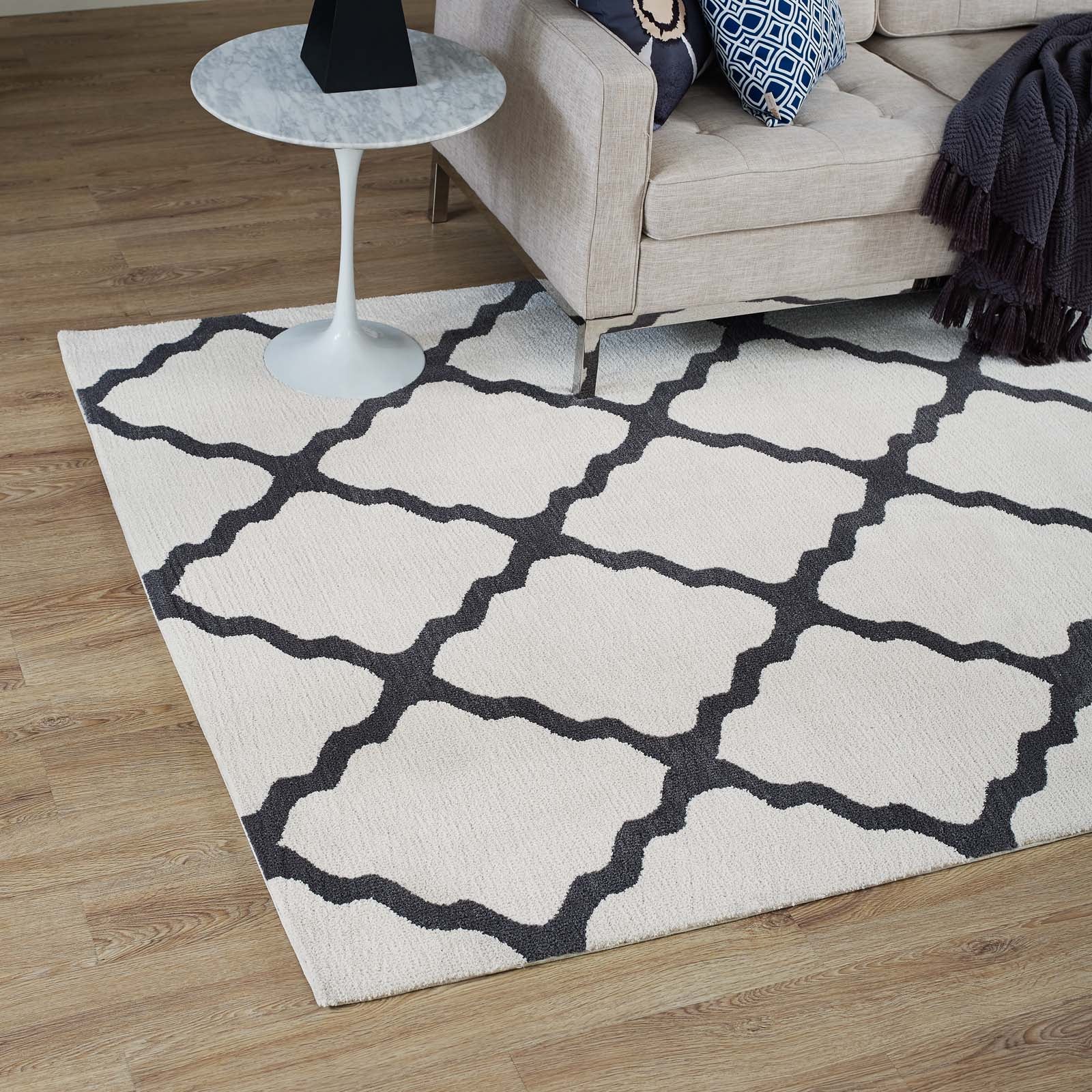Modway Indoor Rugs - Marja Moroccan Trellis 5x8 Area Rug Ivory & Charcoal