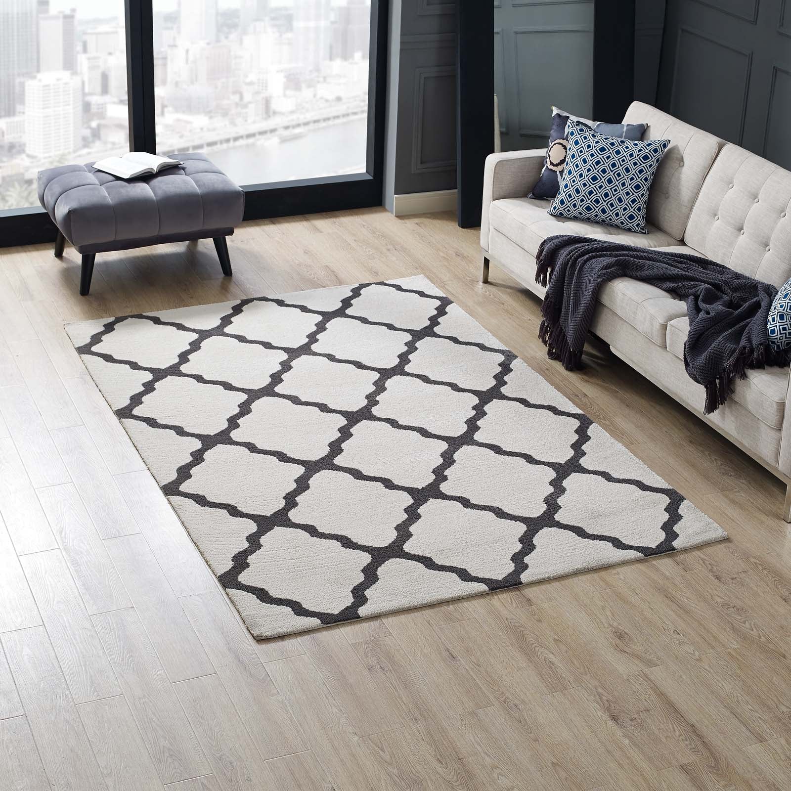 Modway Indoor Rugs - Marja Moroccan Trellis 5x8 Area Rug Ivory & Charcoal