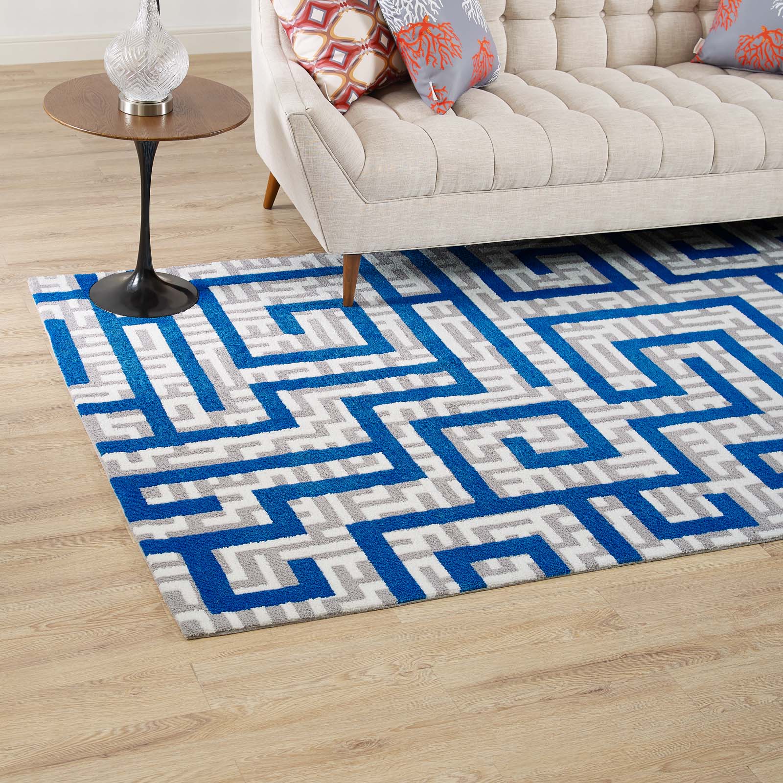 Modway Indoor Rugs - Nahia Geometric Maze 8x10 Area Rug Ivory, Light Gray & Blue