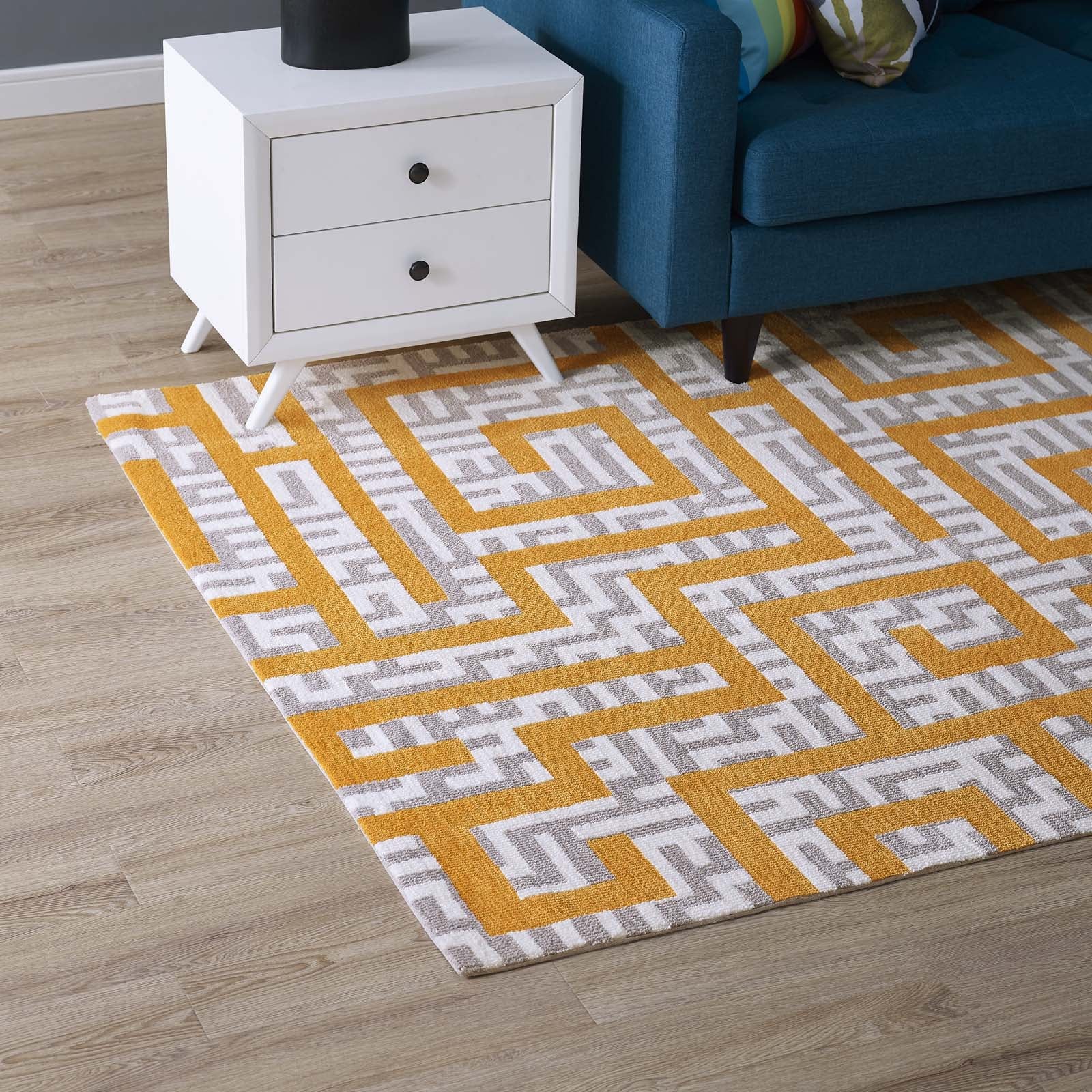 Modway Indoor Rugs - Nahia Geometric Maze 5x8 Area Rug Light Gray & Yellow