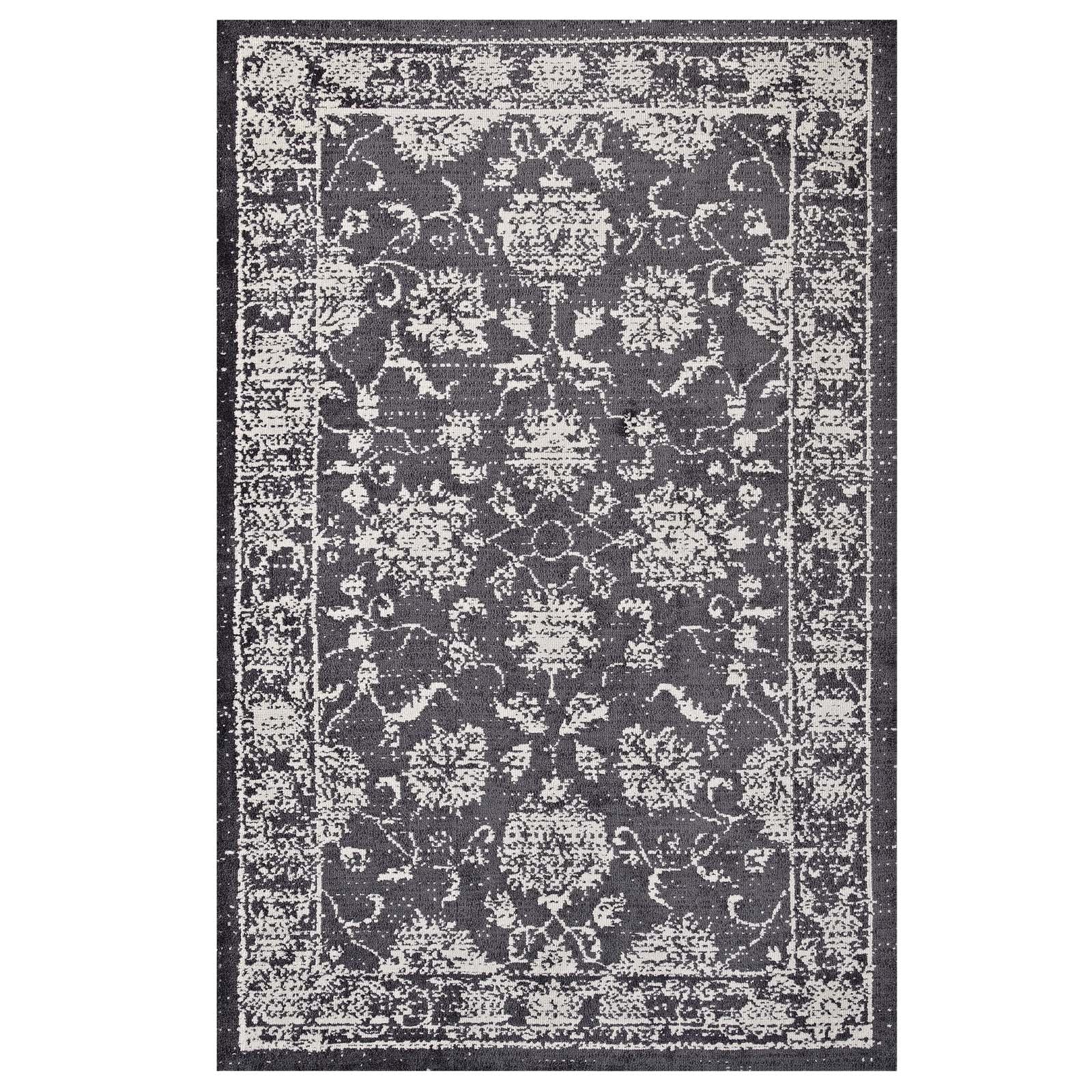 Modway Indoor Rugs - Kazia Distressed Floral Lattice 5x8 Area Rug Dark Gray & Ivory