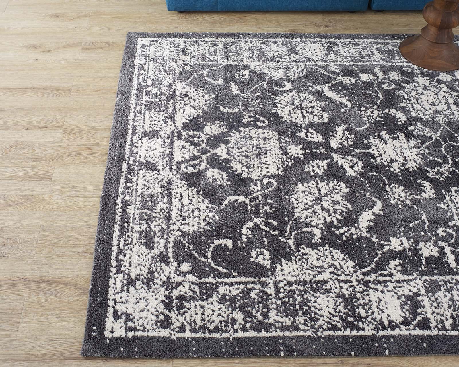 Modway Indoor Rugs - Kazia Distressed Floral Lattice 5x8 Area Rug Dark Gray & Ivory