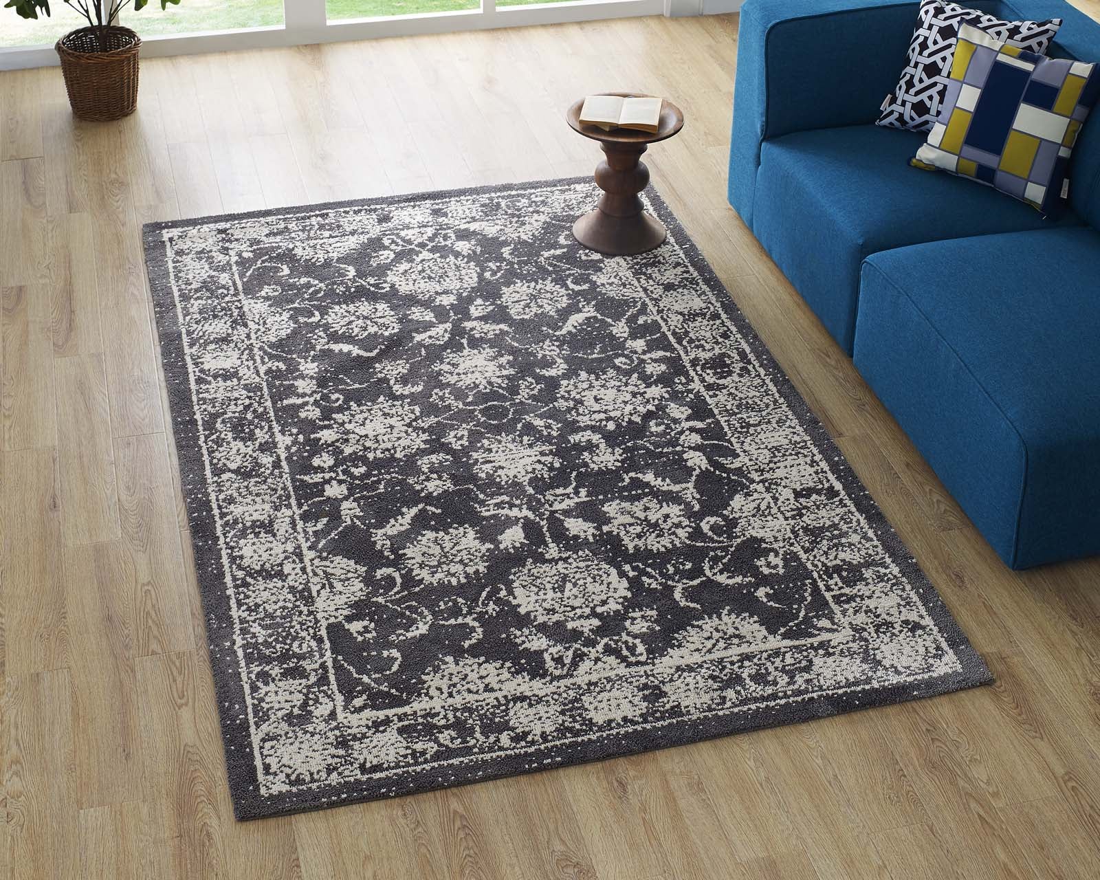 Modway Indoor Rugs - Kazia Distressed Floral Lattice 5x8 Area Rug Dark Gray & Ivory