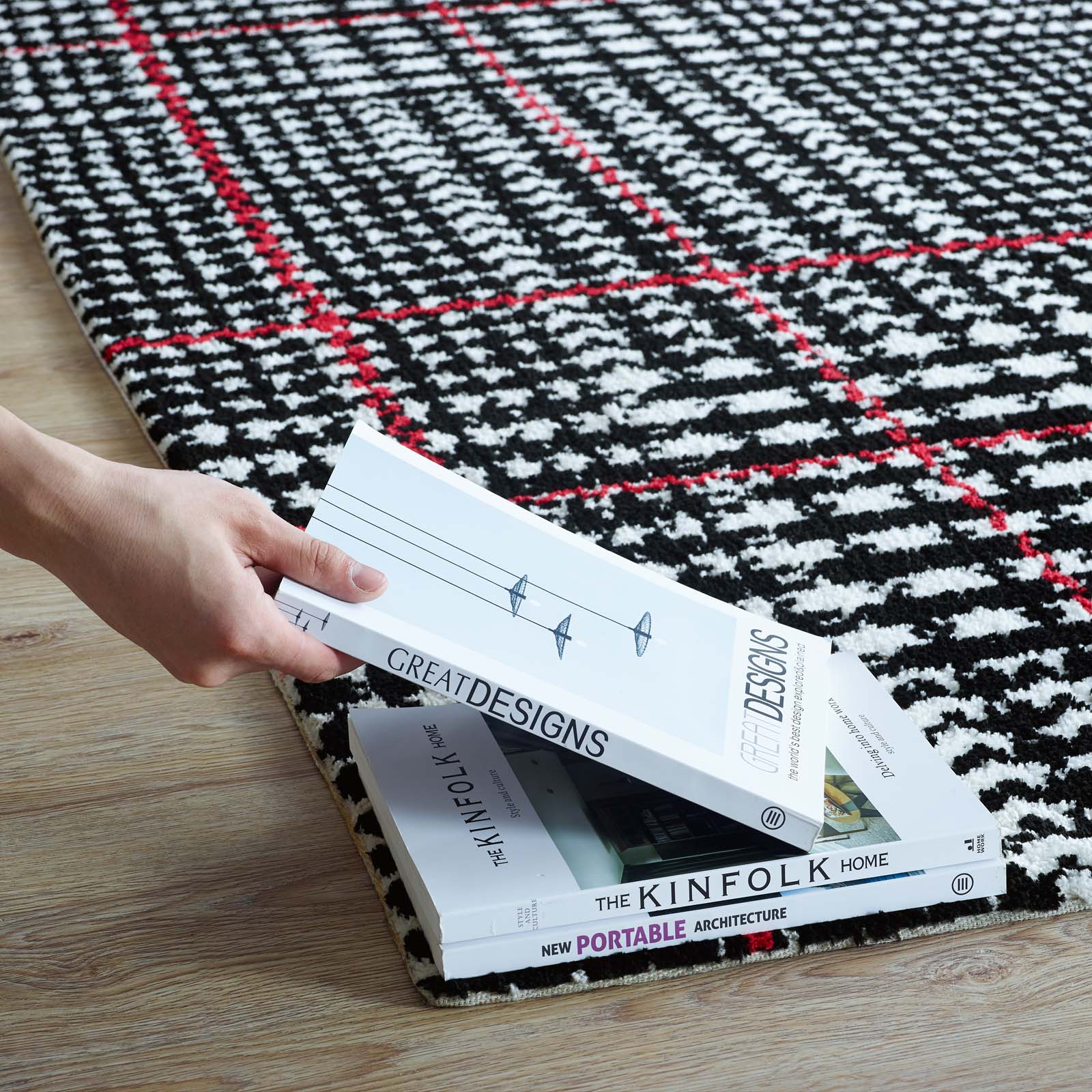 Modway Indoor Rugs - Kaja Abstract Plaid 5x8 Area Rug Ivory, Black & Red