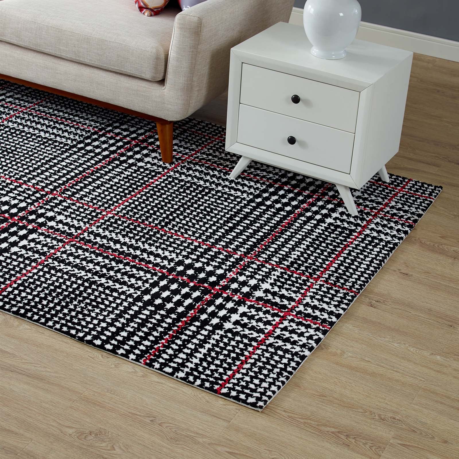 Modway Indoor Rugs - Kaja Abstract Plaid 5x8 Area Rug Ivory, Black & Red