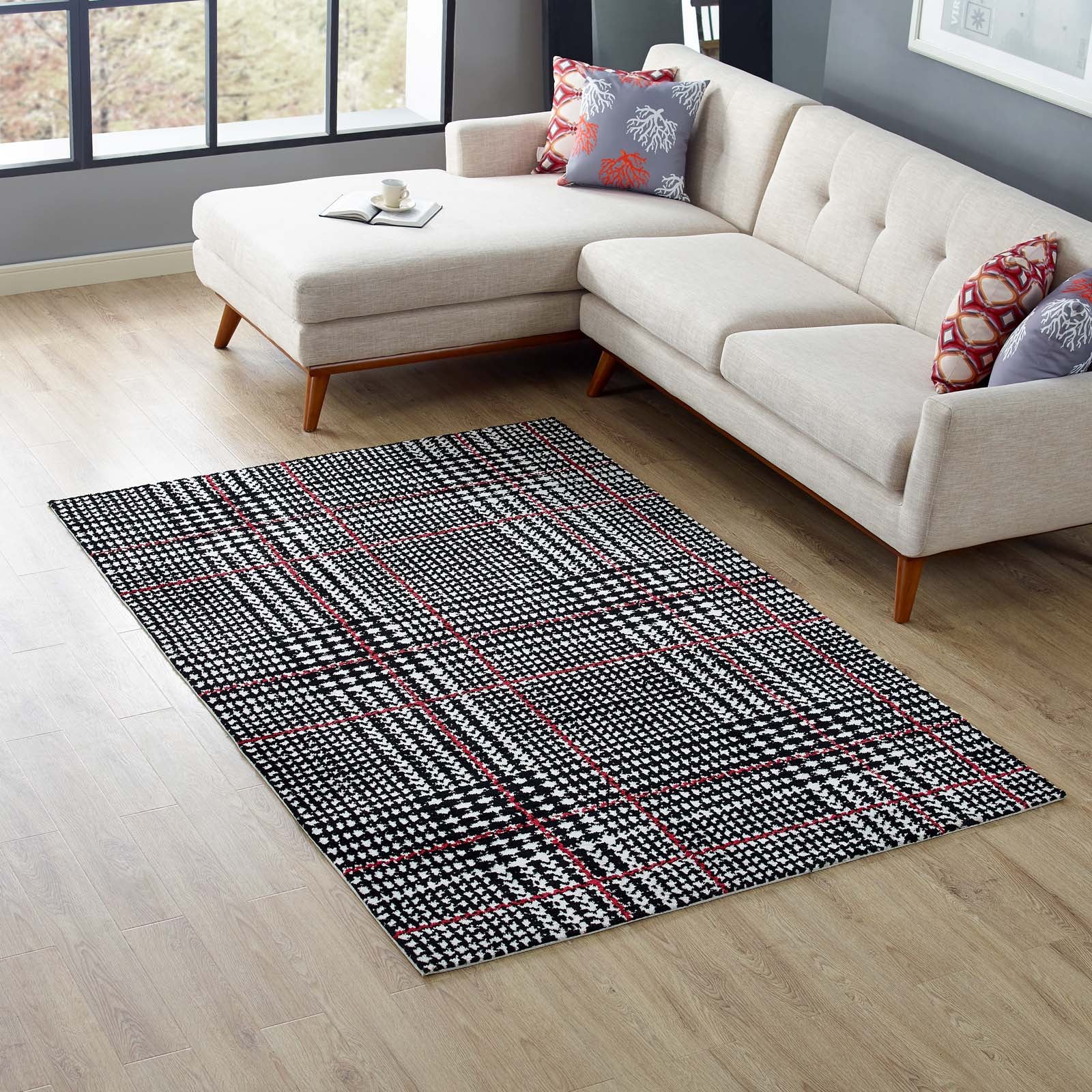 Modway Indoor Rugs - Kaja Abstract Plaid 5x8 Area Rug Ivory, Black & Red