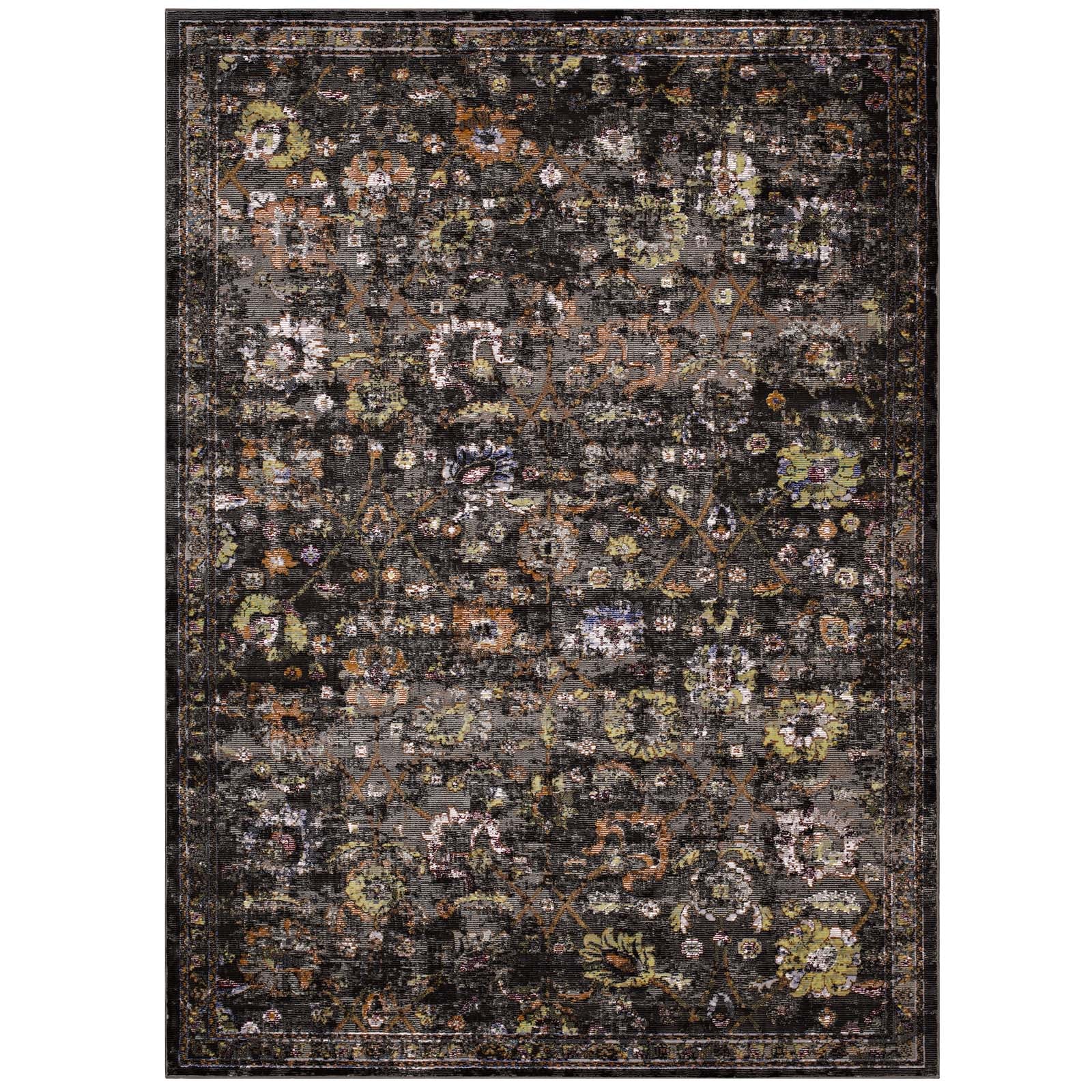 Modway Indoor Rugs - Minu Distressed Floral Lattice 5x8 Area Rug Black, Yellow & Orange