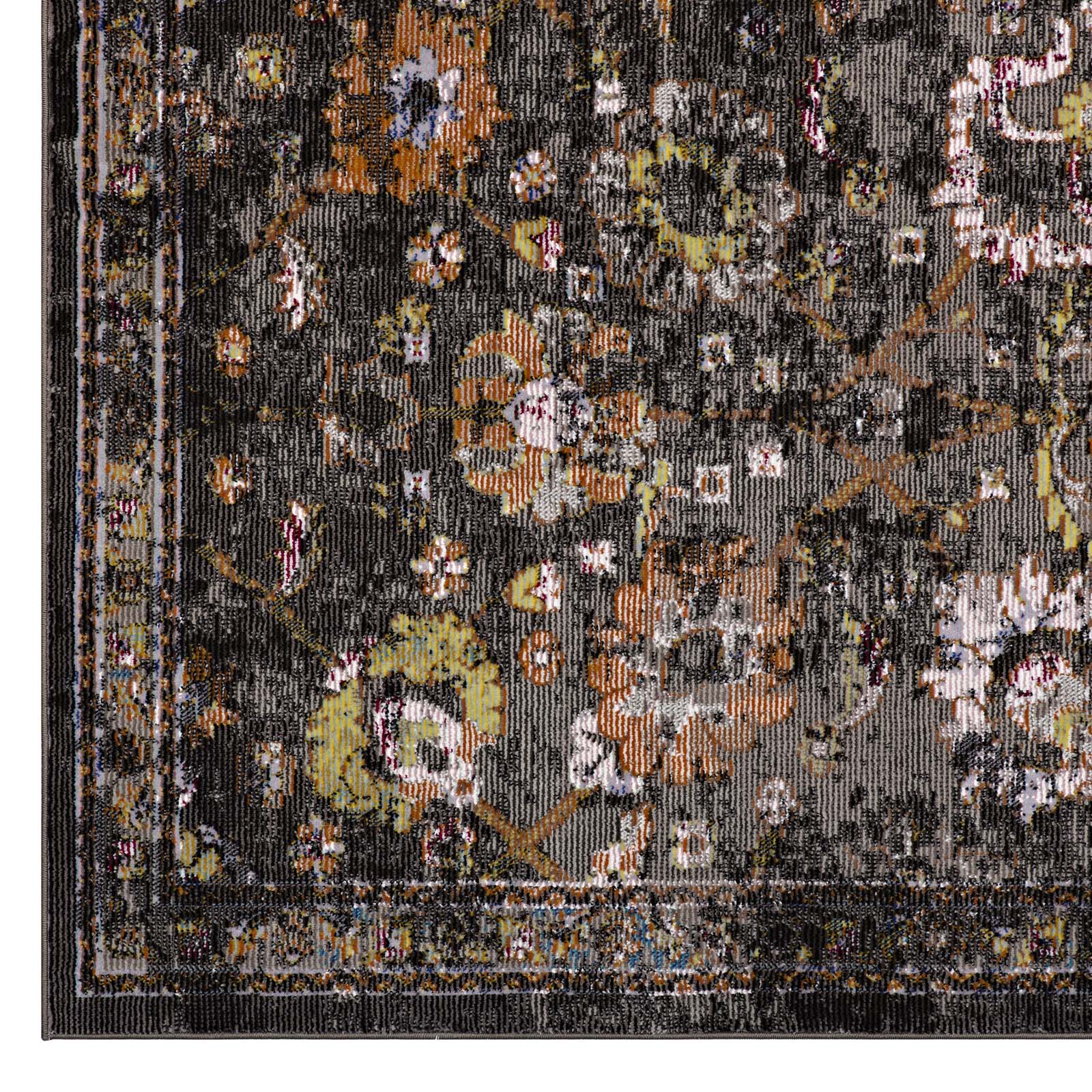 Modway Indoor Rugs - Minu Distressed Floral Lattice 5x8 Area Rug Black, Yellow & Orange