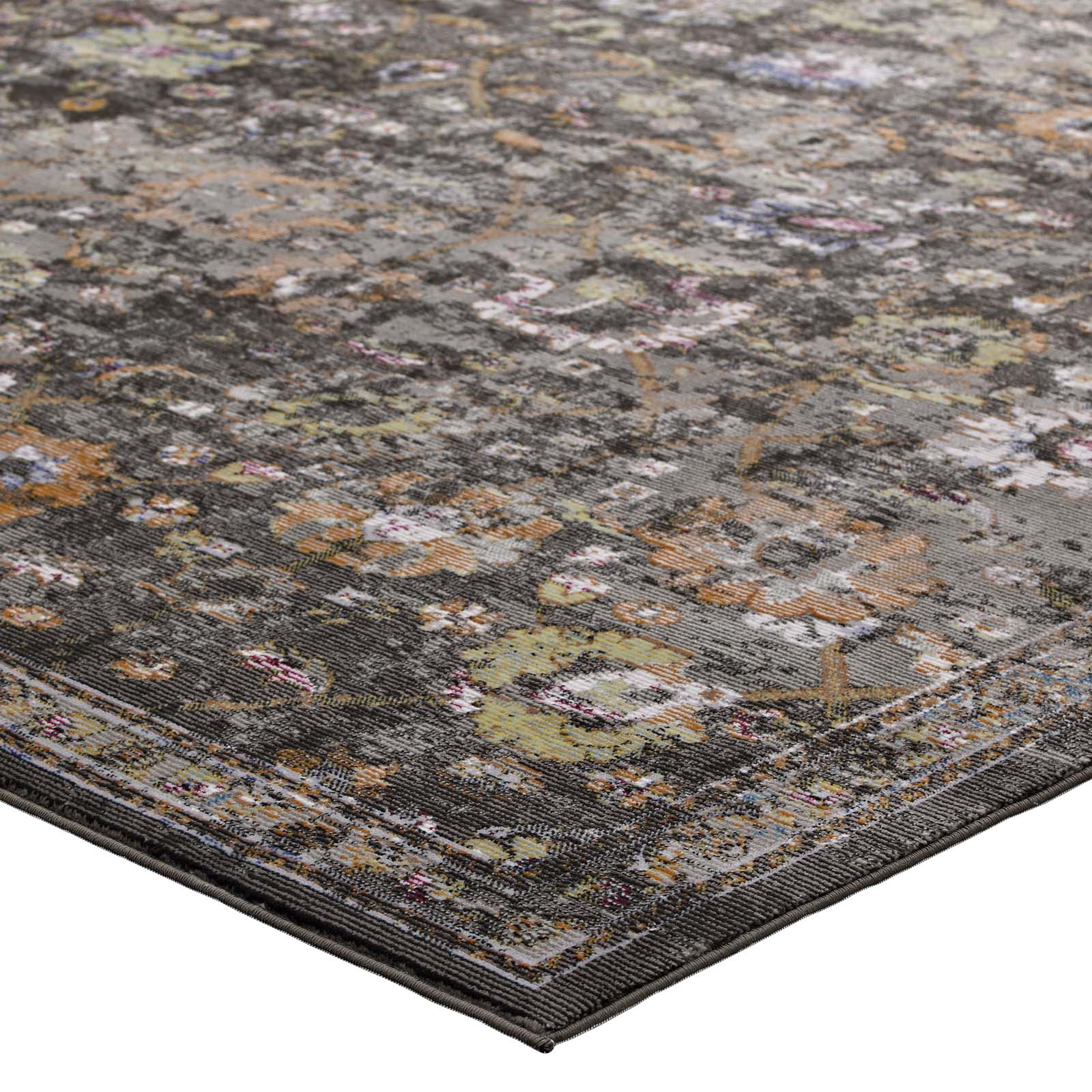 Modway Indoor Rugs - Minu Distressed Floral Lattice 5x8 Area Rug Black, Yellow & Orange