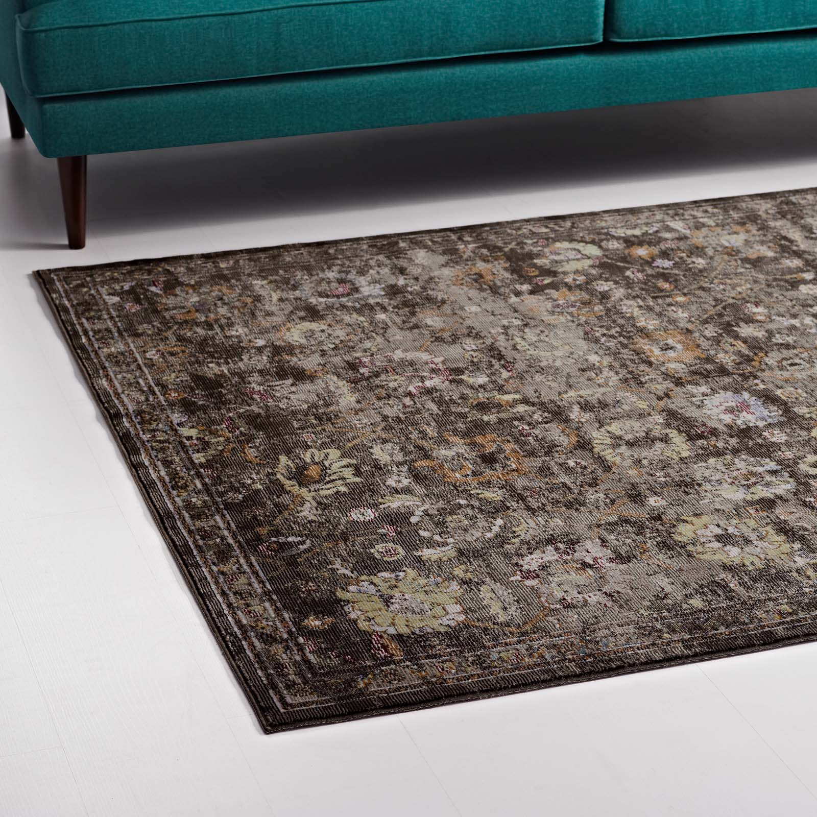 Modway Indoor Rugs - Minu Distressed Floral Lattice 5x8 Area Rug Black, Yellow & Orange