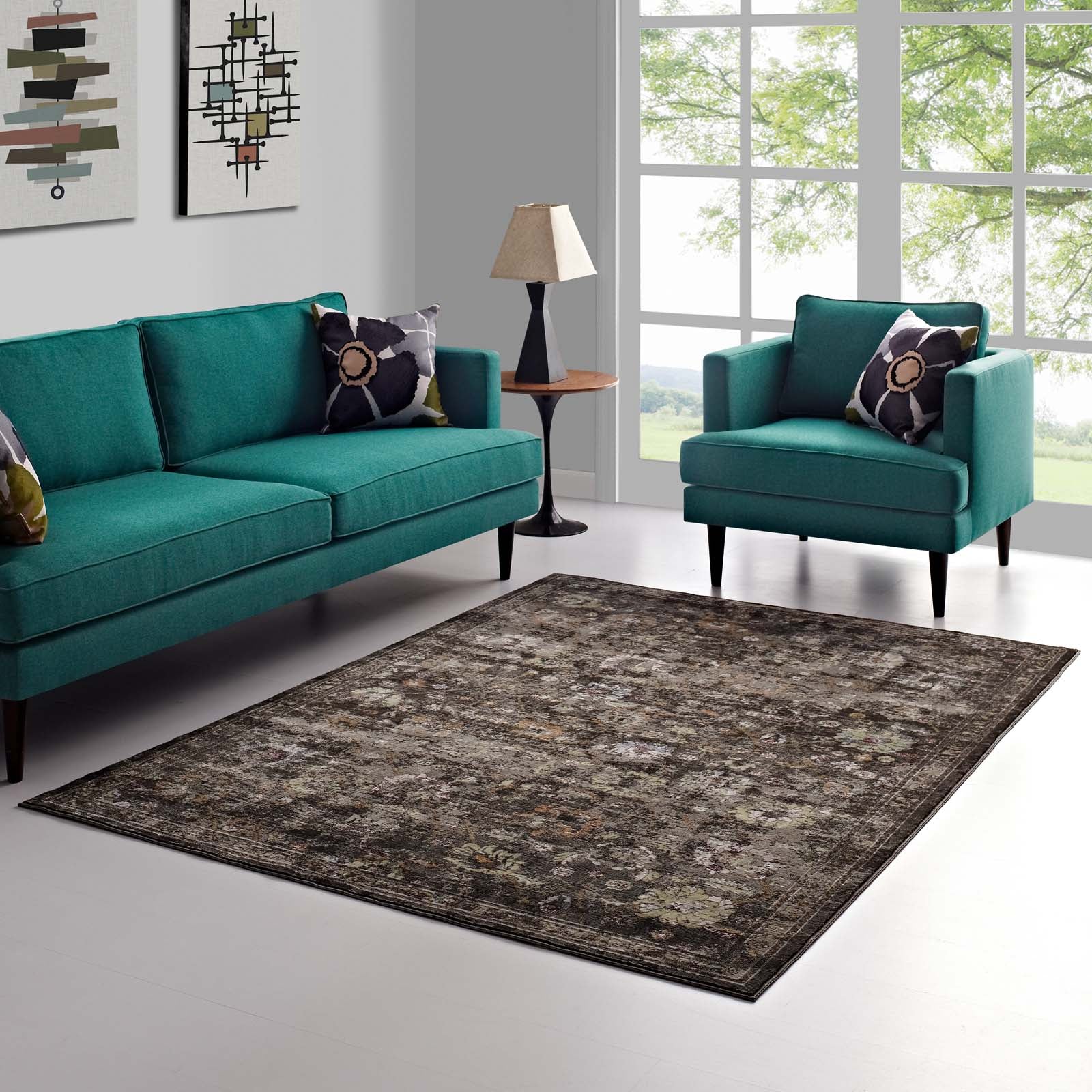 Modway Indoor Rugs - Minu Distressed Floral Lattice 5x8 Area Rug Black, Yellow & Orange