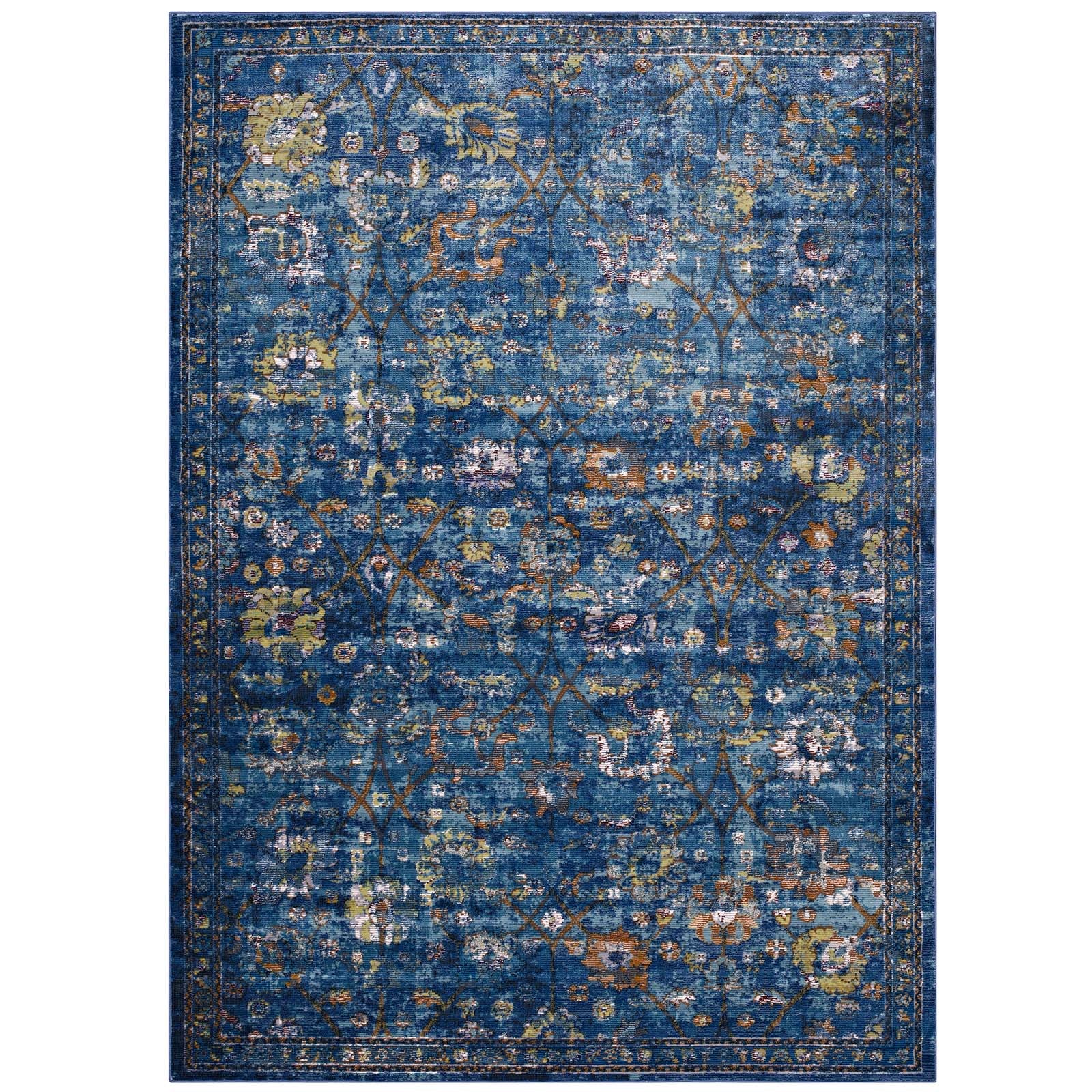 Modway Indoor Rugs - Minu Distressed Floral Lattice 8x10 Area Rug Dark Blue, Yellow & Orange