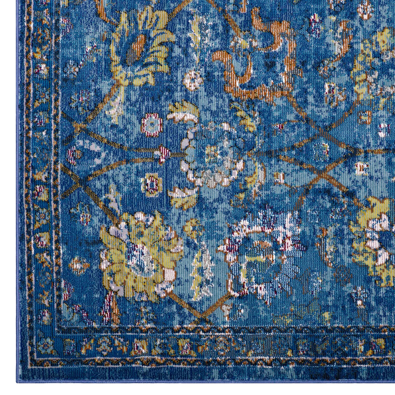 Modway Indoor Rugs - Minu Distressed Floral Lattice 8x10 Area Rug Dark Blue, Yellow & Orange
