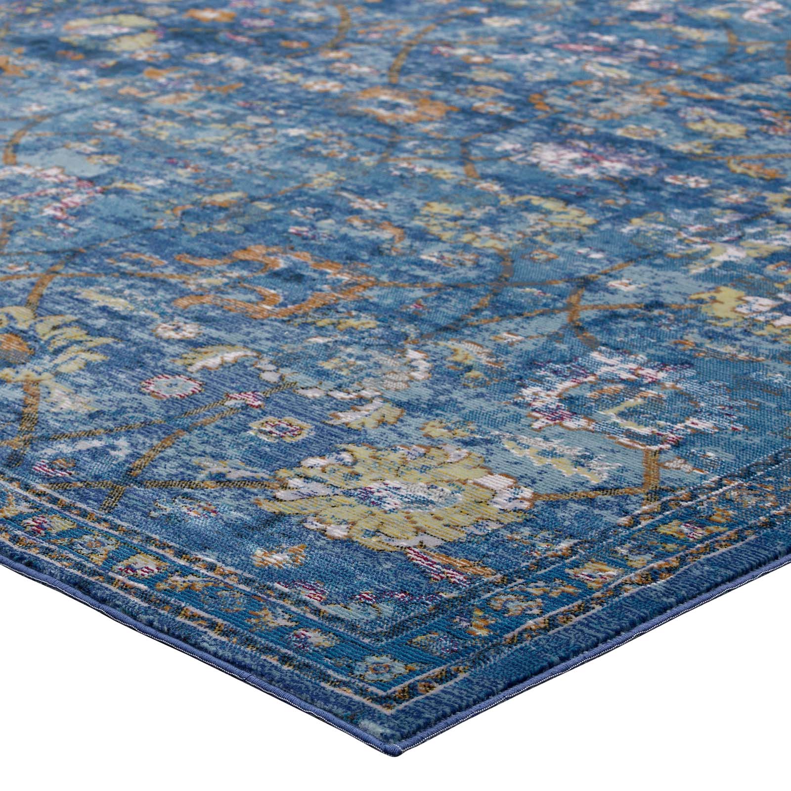 Modway Indoor Rugs - Minu Distressed Floral Lattice 8x10 Area Rug Dark Blue, Yellow & Orange