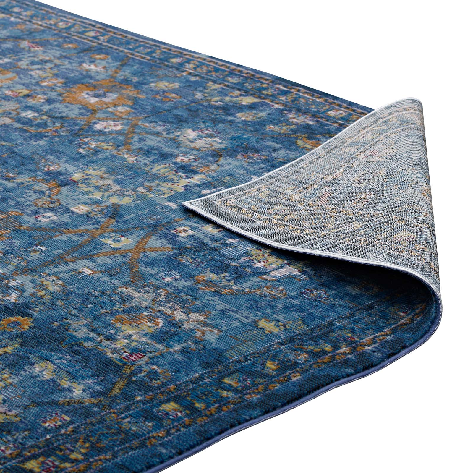 Modway Indoor Rugs - Minu Distressed Floral Lattice 8x10 Area Rug Dark Blue, Yellow & Orange