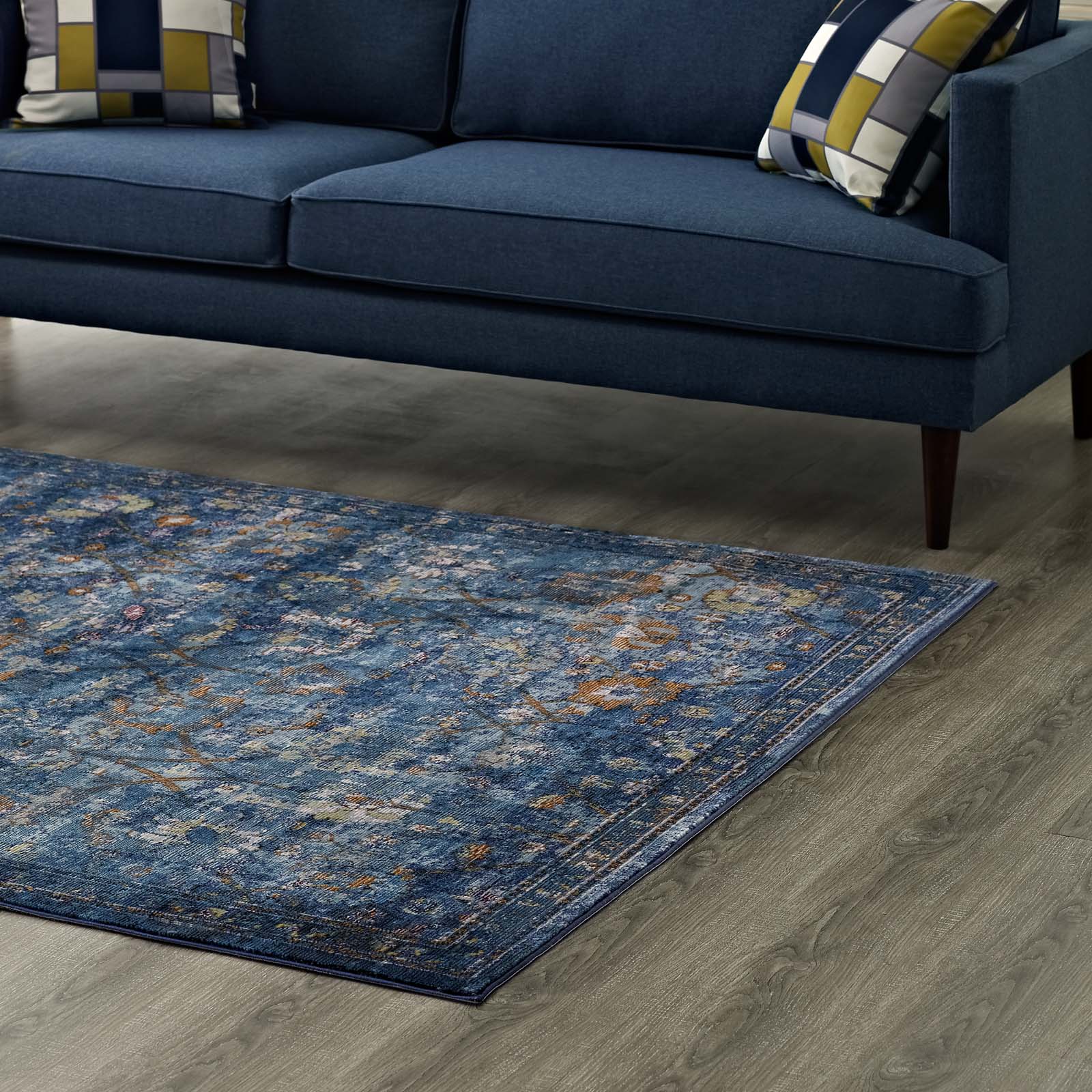 Modway Indoor Rugs - Minu Distressed Floral Lattice 8x10 Area Rug Dark Blue, Yellow & Orange