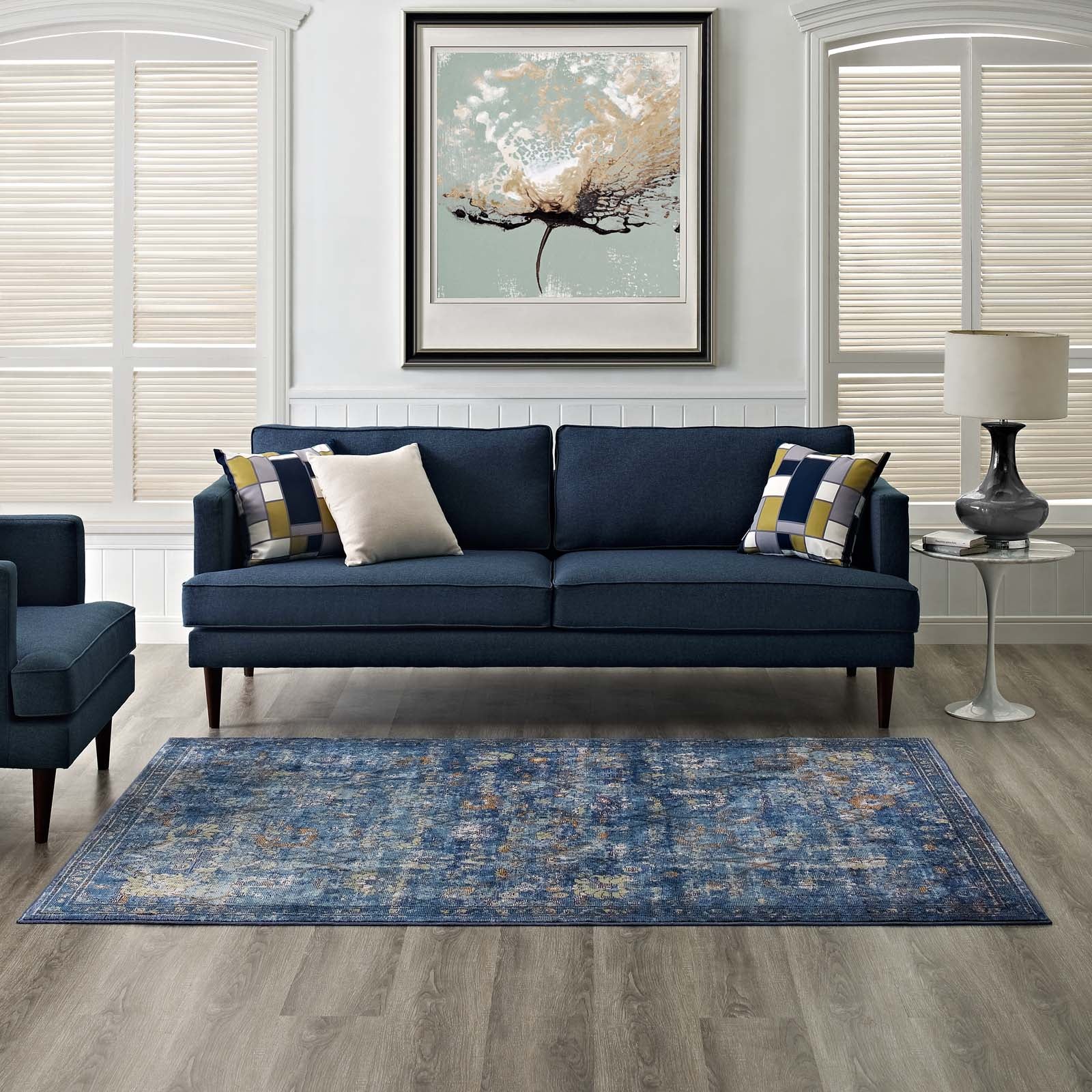 Modway Indoor Rugs - Minu Distressed Floral Lattice 8x10 Area Rug Dark Blue, Yellow & Orange