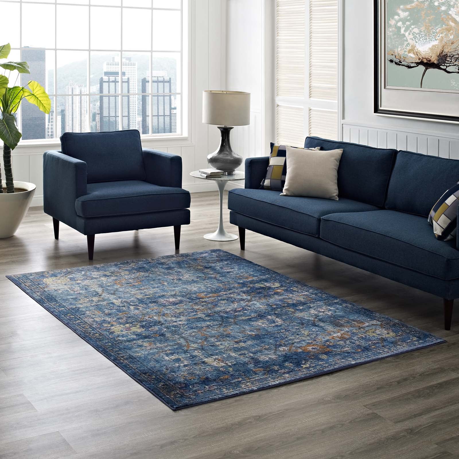 Modway Indoor Rugs - Minu Distressed Floral Lattice 8x10 Area Rug Dark Blue, Yellow & Orange
