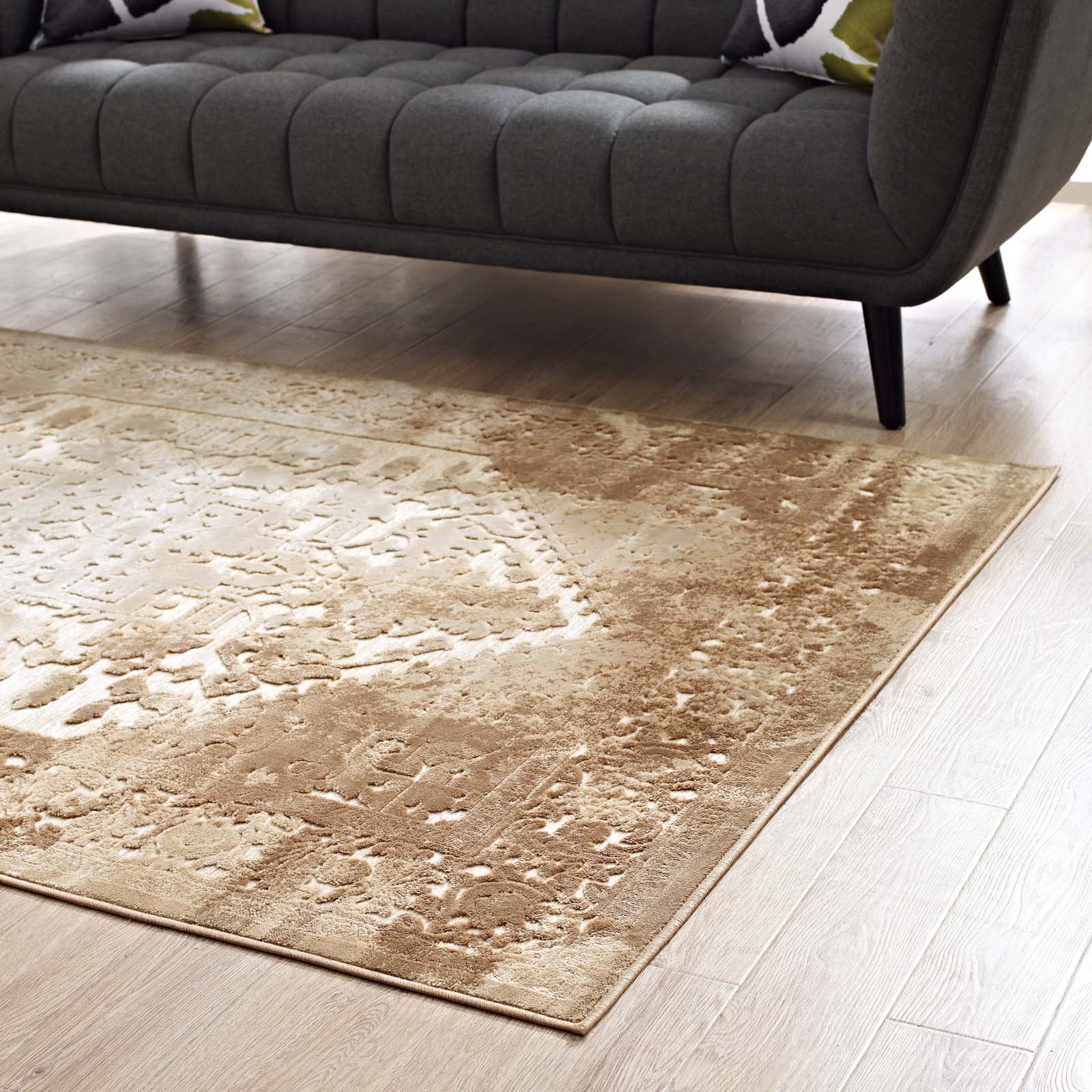 Modway Indoor Rugs - Rosina Distressed Persian Medallion 5x8 Area Rug Tan & Cream