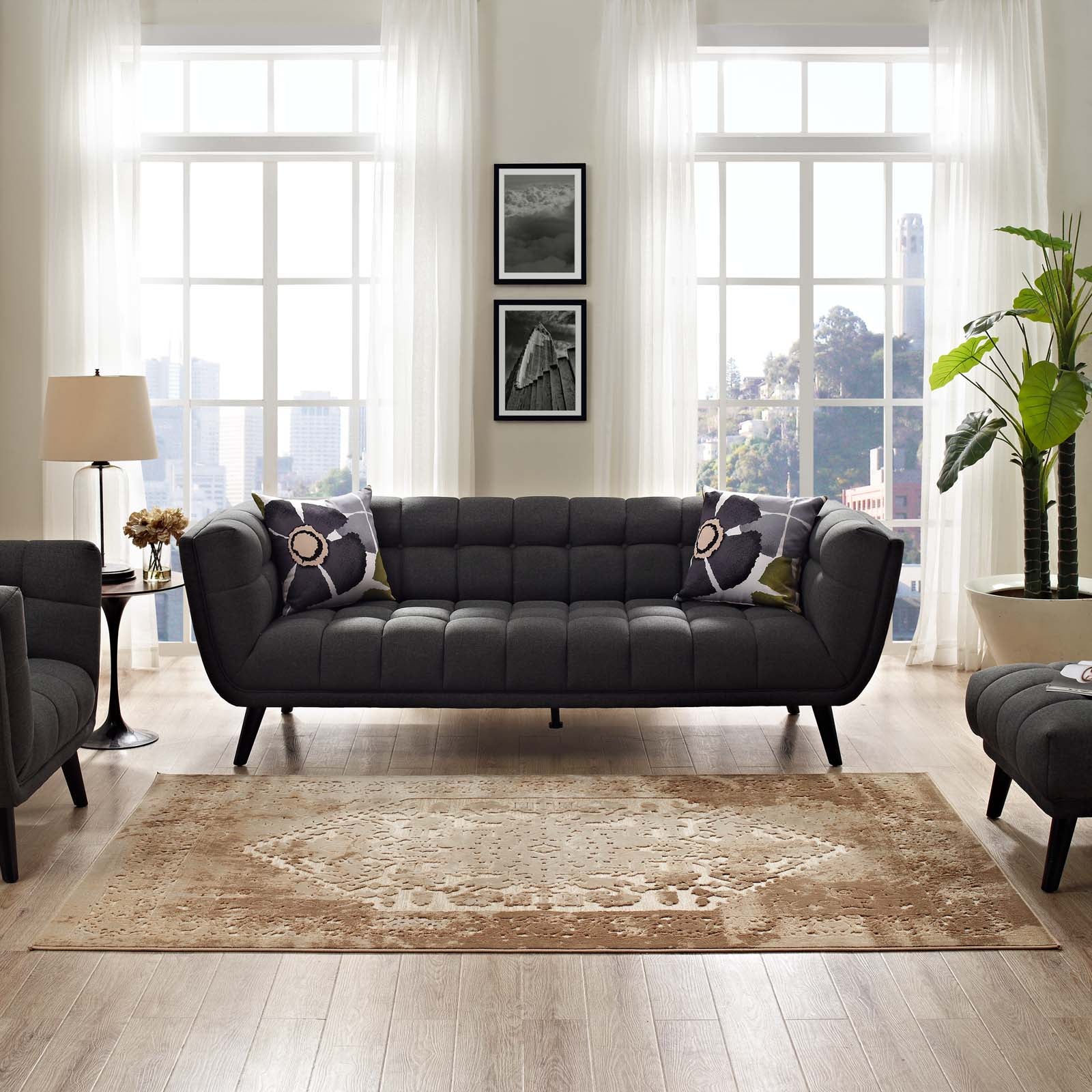 Modway Indoor Rugs - Rosina Distressed Persian Medallion 5x8 Area Rug Tan & Cream