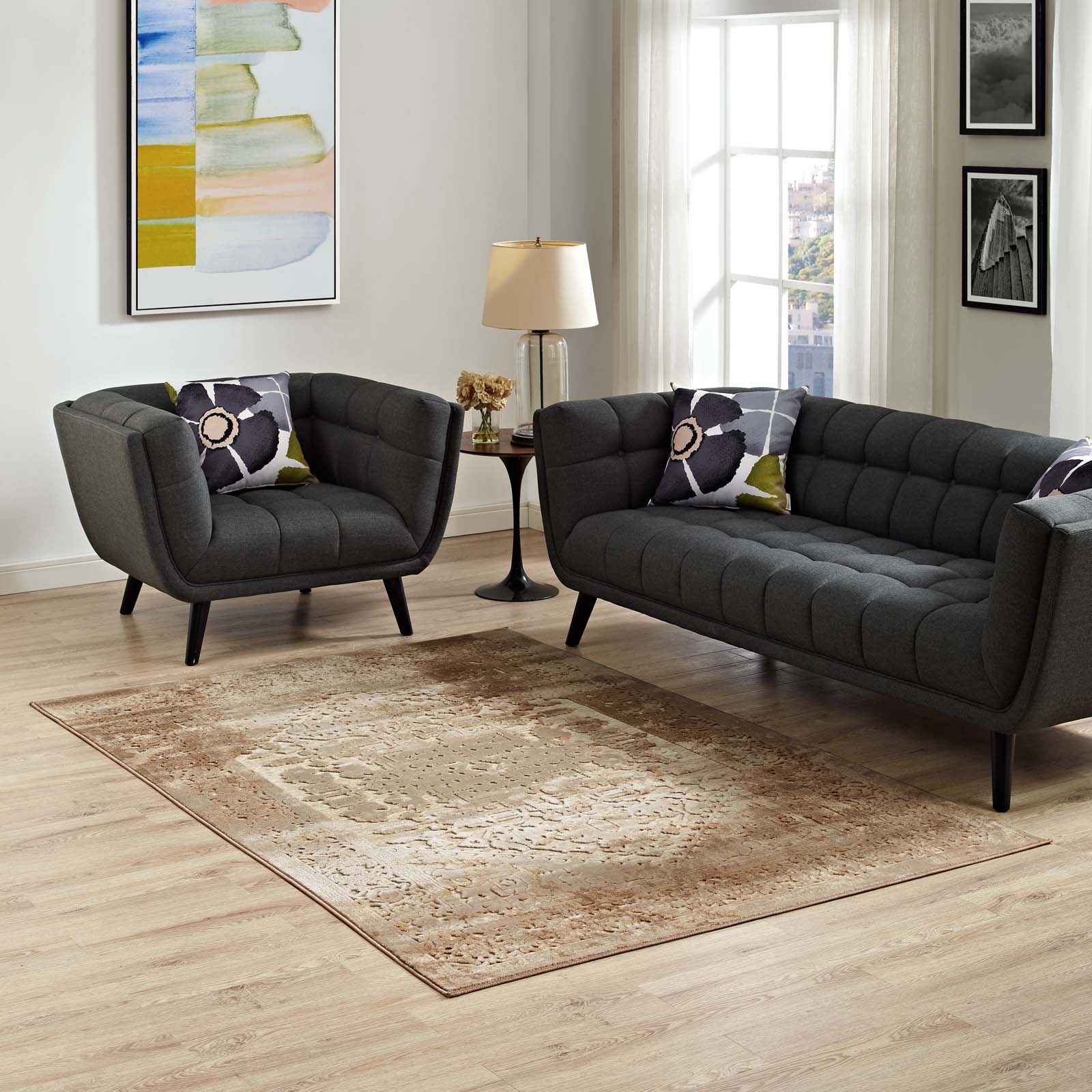 Modway Indoor Rugs - Rosina Distressed Persian Medallion 5x8 Area Rug Tan & Cream