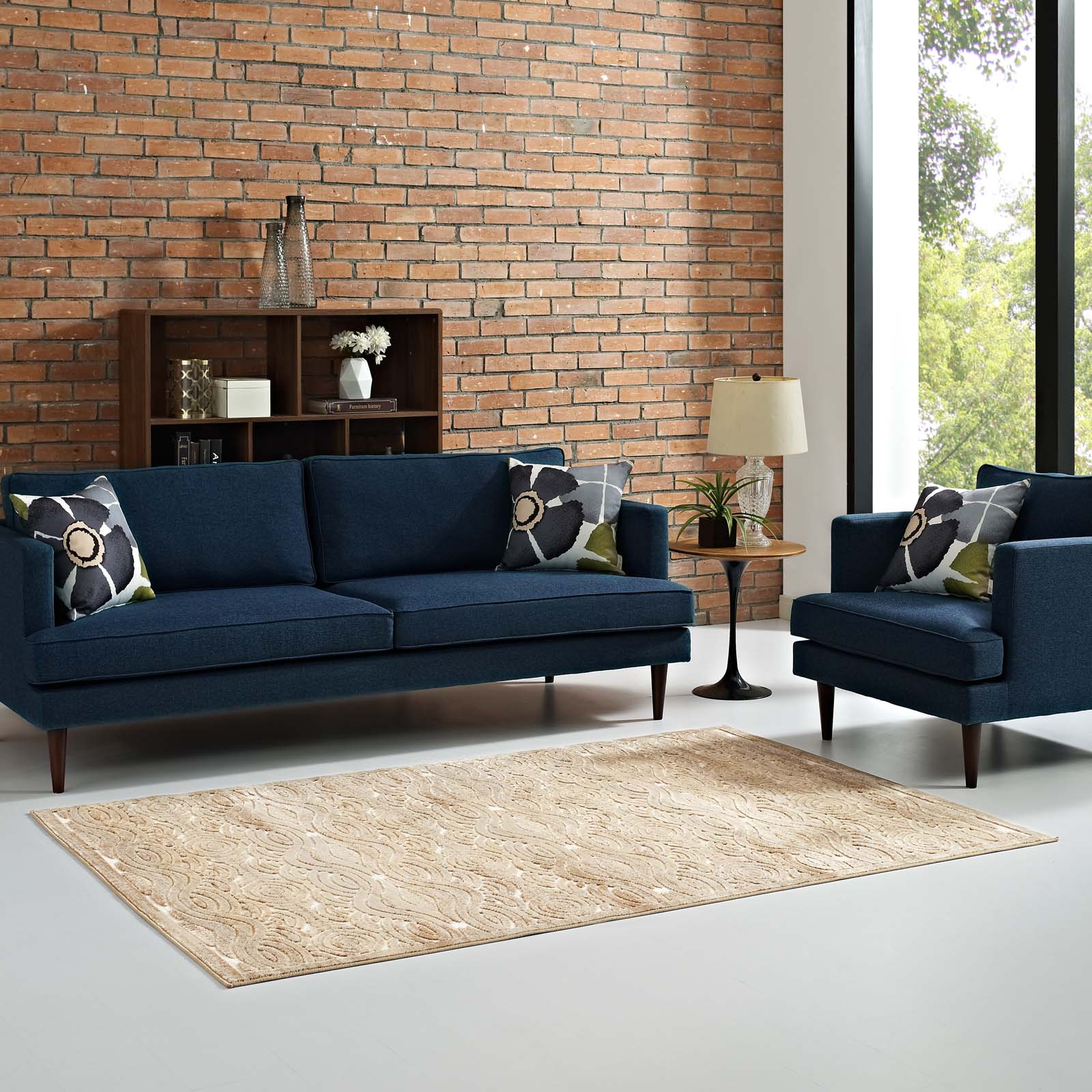 Modway Indoor Rugs - Kennocha Rustic Vintage Abstract Waves 5x8 Area Rug Tan & Cream